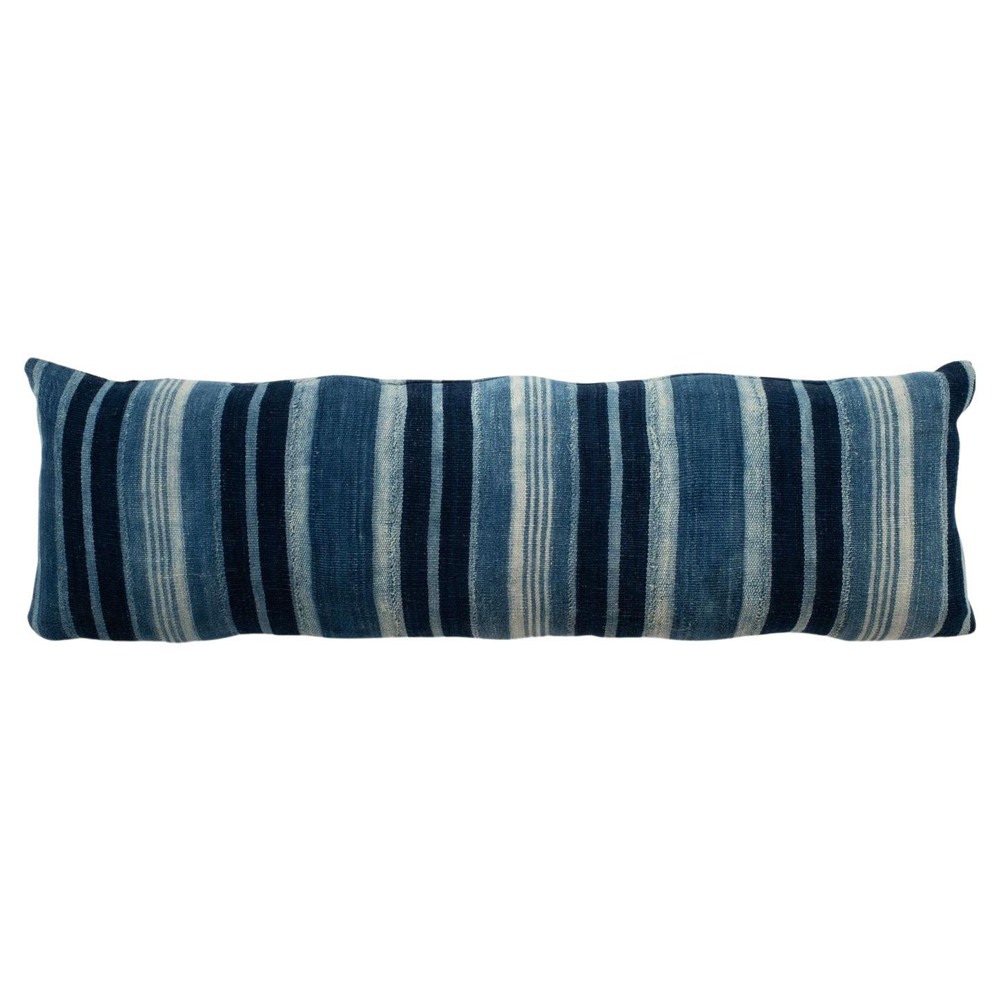 Long Rich Faded Indigo Stripe Lumbar Cushion For Sale
