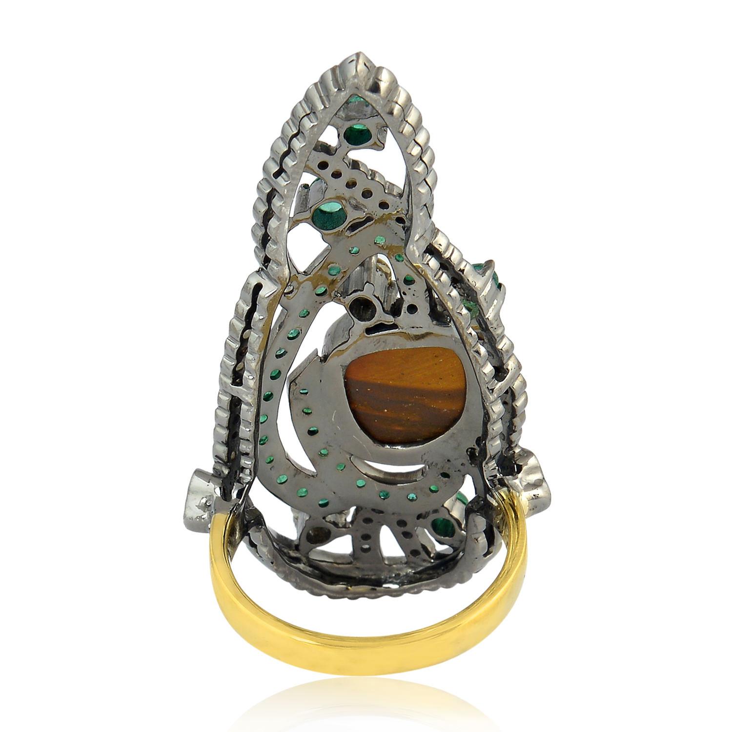 Art Deco Long Ring with Emerald, Opal & Pave Diamonds Made in 18k Gold & Silver For Sale