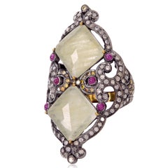 Long Ring with Ruby & Square Shaped Center Sapphires Surrounded by Pave Diamonds