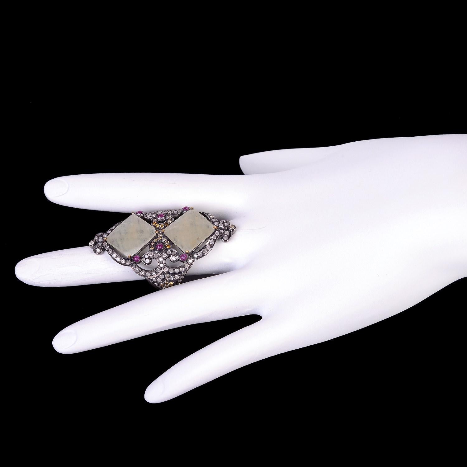 Mixed Cut Long Ring with Ruby & Square Shaped Center Sapphires Surrounded by Pave Diamonds For Sale