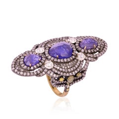 Long Ring with Tanzanites Stones & Ice Diamonds Surrounded by Pave Diamonds