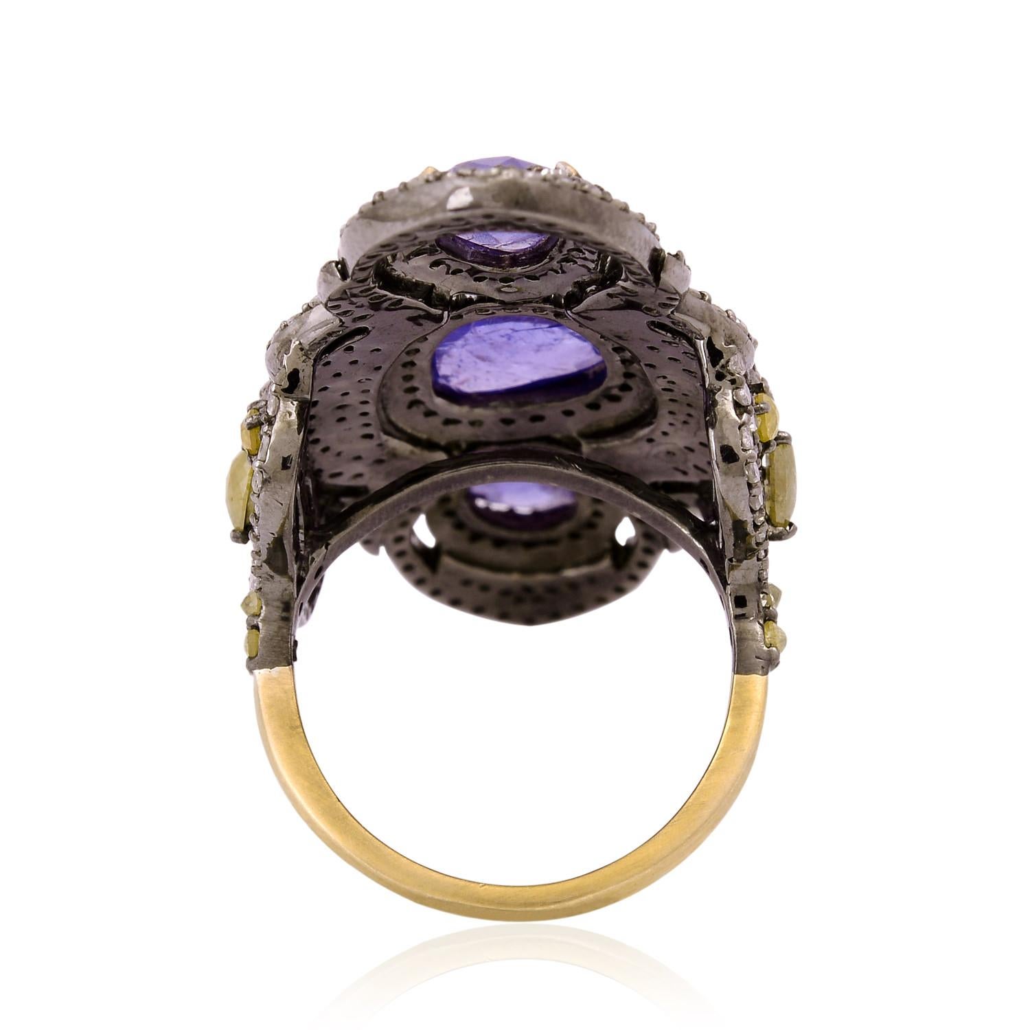 Art Deco Long Ring with Tanzanites Stones & Ice Diamonds Surrounded by Pave Diamonds For Sale