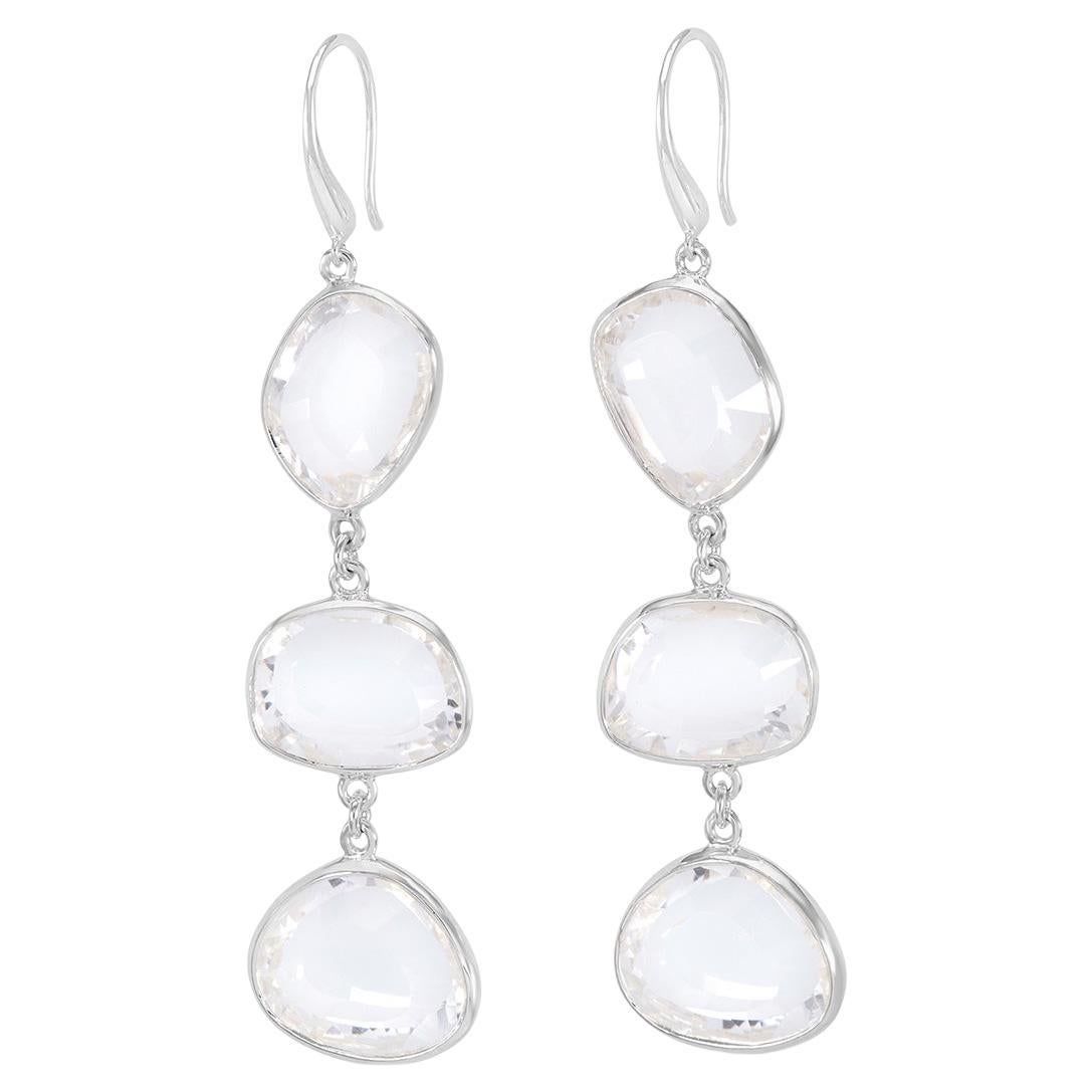 Long Rock Crystal Pebble Drop Earrings In Sterling Silver (Boucles d'oreilles en argent) en vente