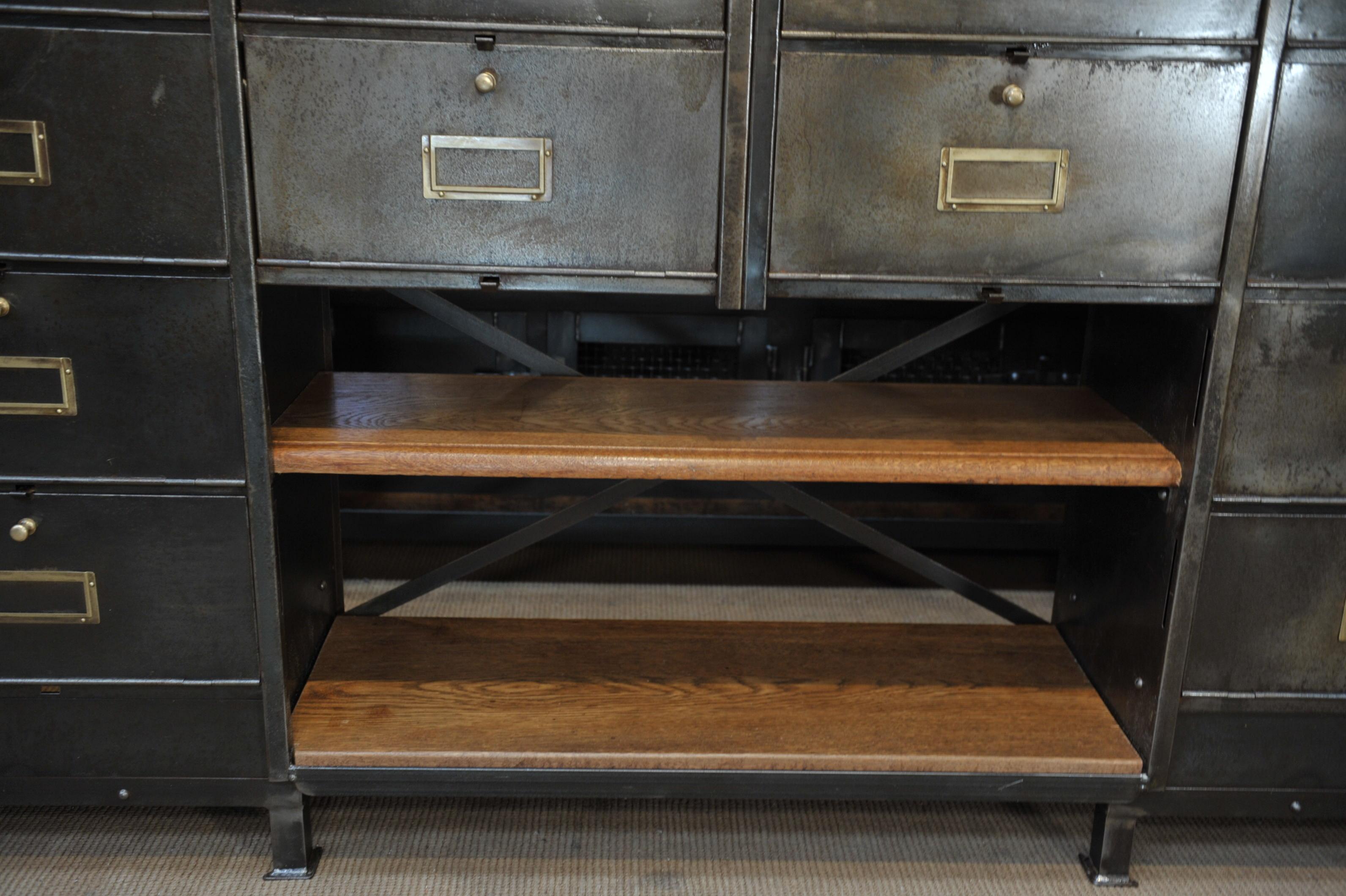 Long Ronéo Paris Iron and Oak Industrial Capets Cabinet, circa 1950 For Sale 4
