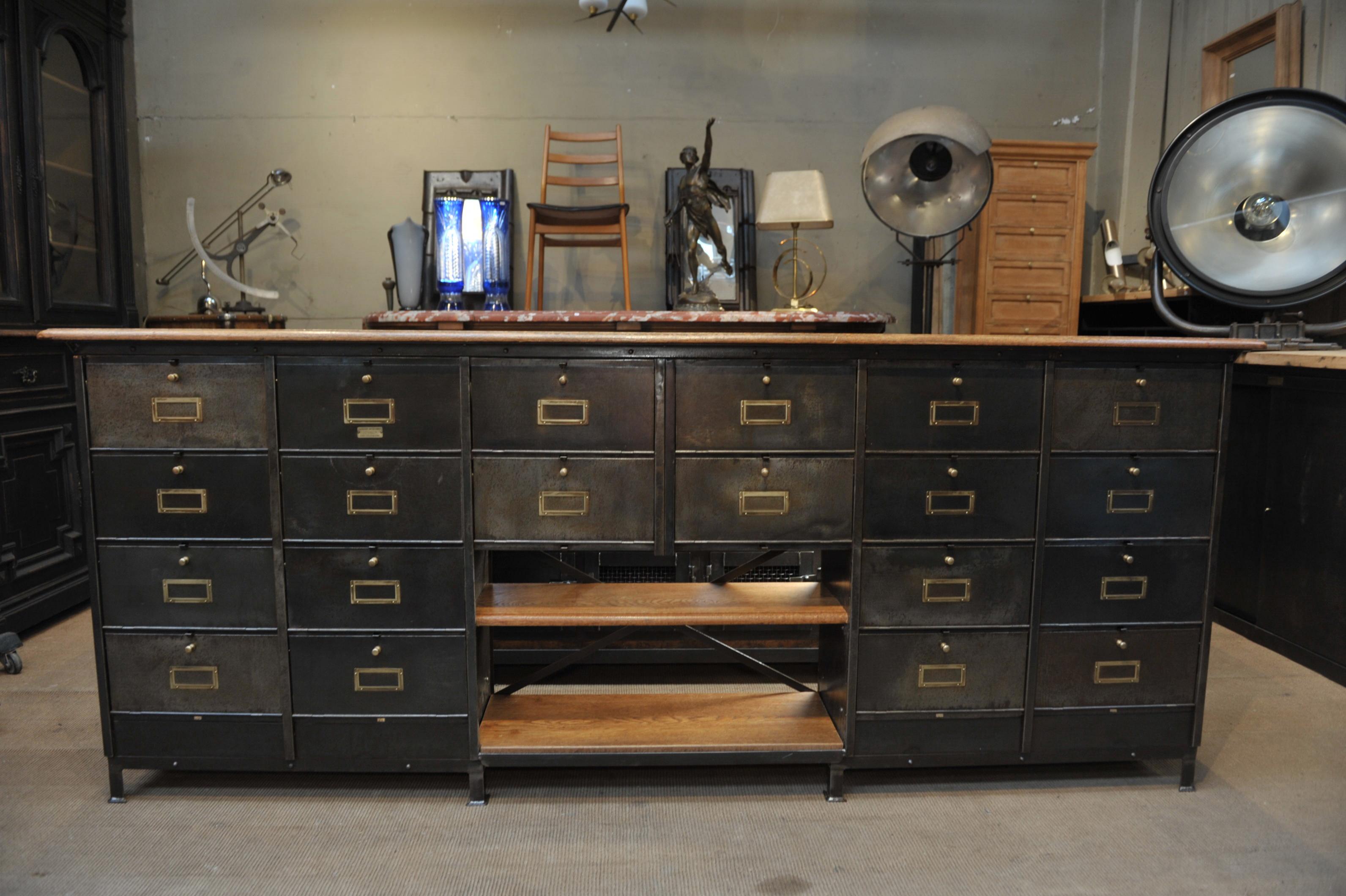 Long Ronéo Paris Iron and Oak Industrial Capets Cabinet, circa 1950 For Sale 5