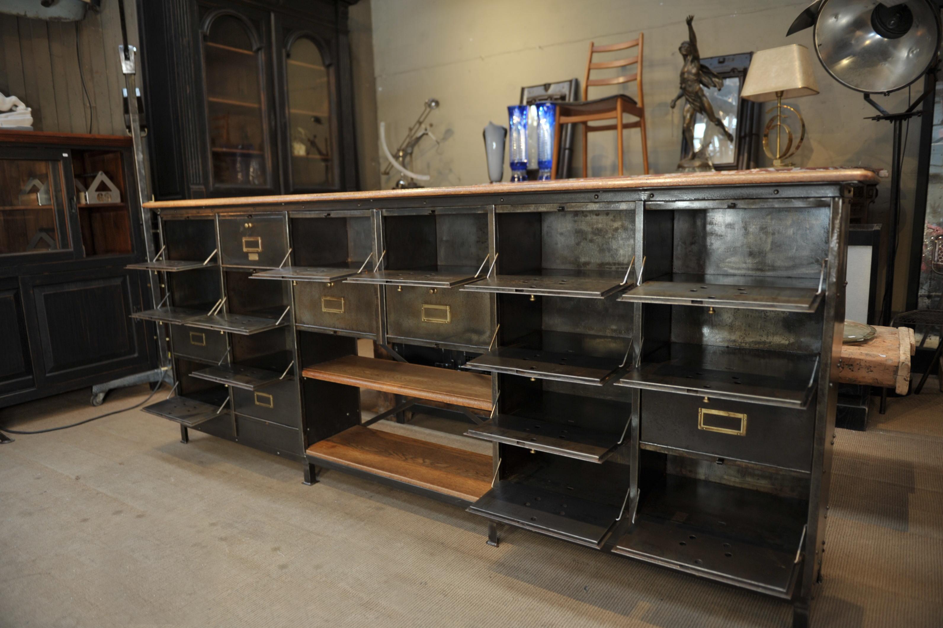 Long Ronéo Paris Iron and Oak Industrial Capets Cabinet, circa 1950 For Sale 6