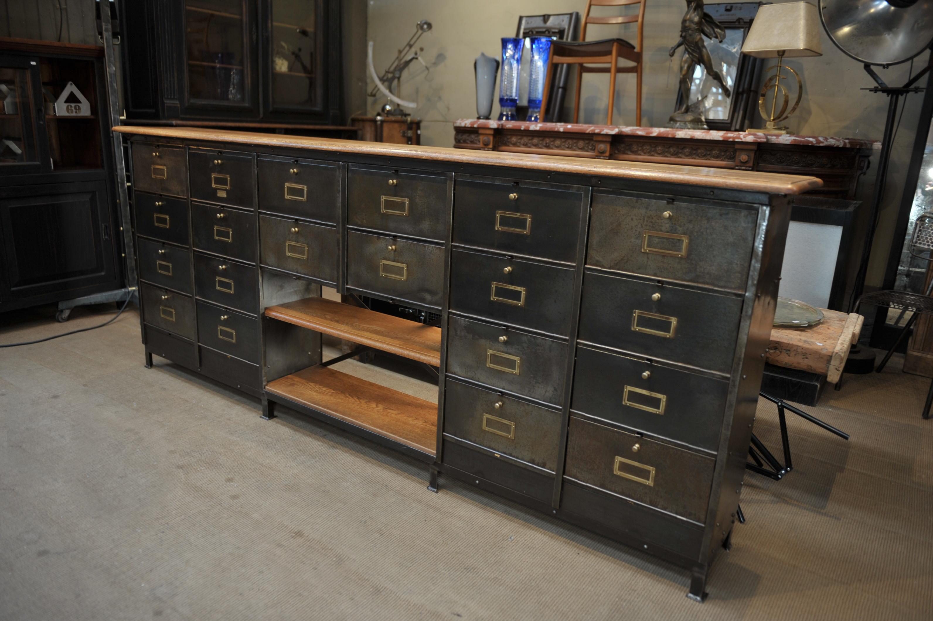 Long Ronéo Paris Iron and Oak Industrial Capets Cabinet, circa 1950 For Sale 7