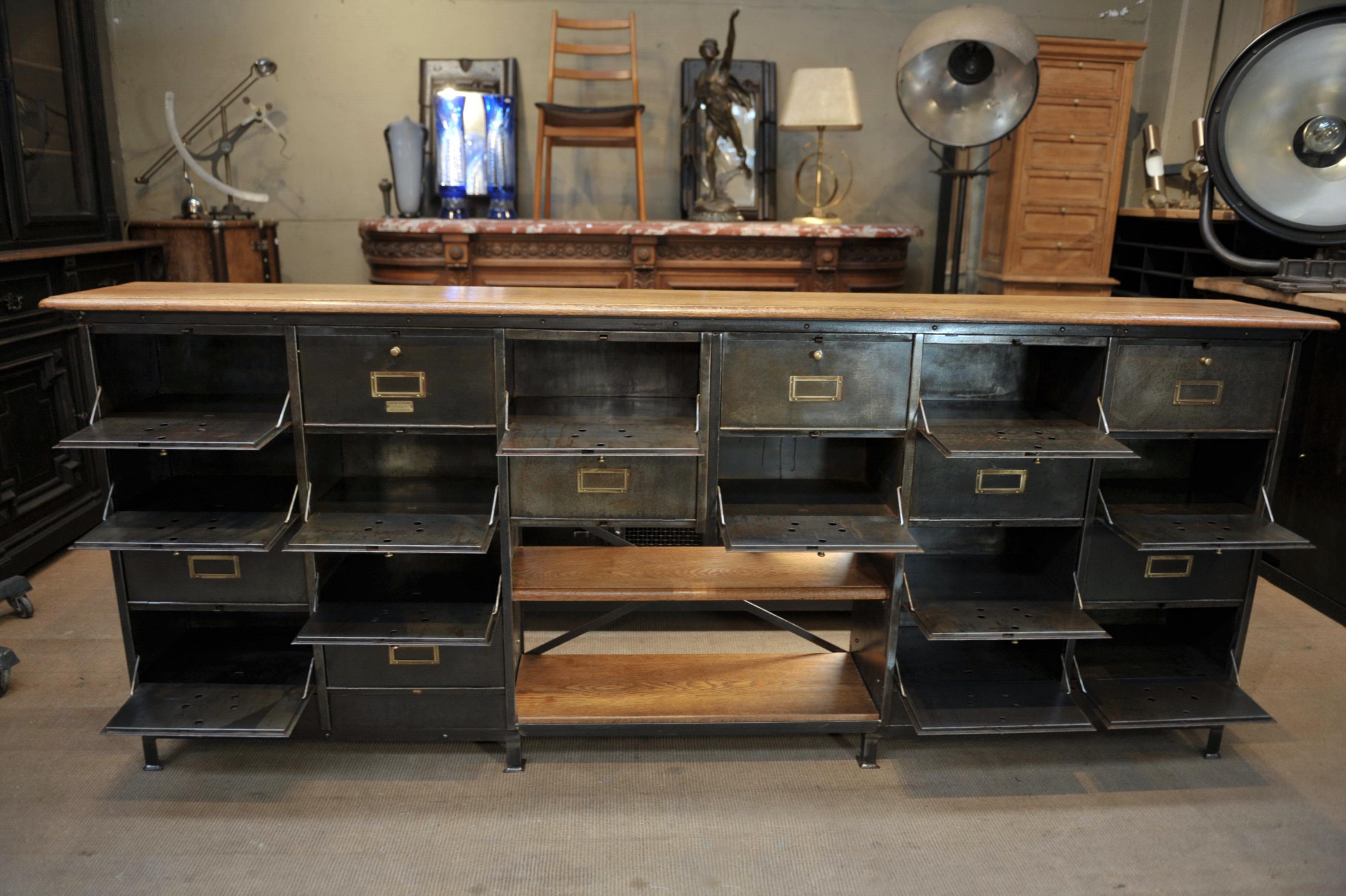 Brass Long Ronéo Paris Iron and Oak Industrial Capets Cabinet, circa 1950 For Sale