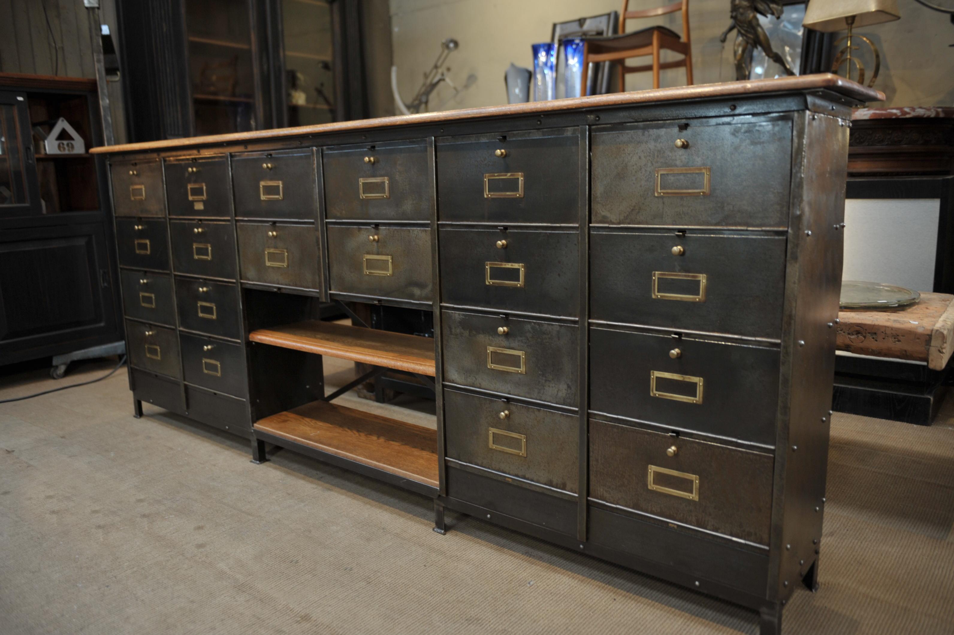 Long Ronéo Paris Iron and Oak Industrial Capets Cabinet, circa 1950 For Sale 1