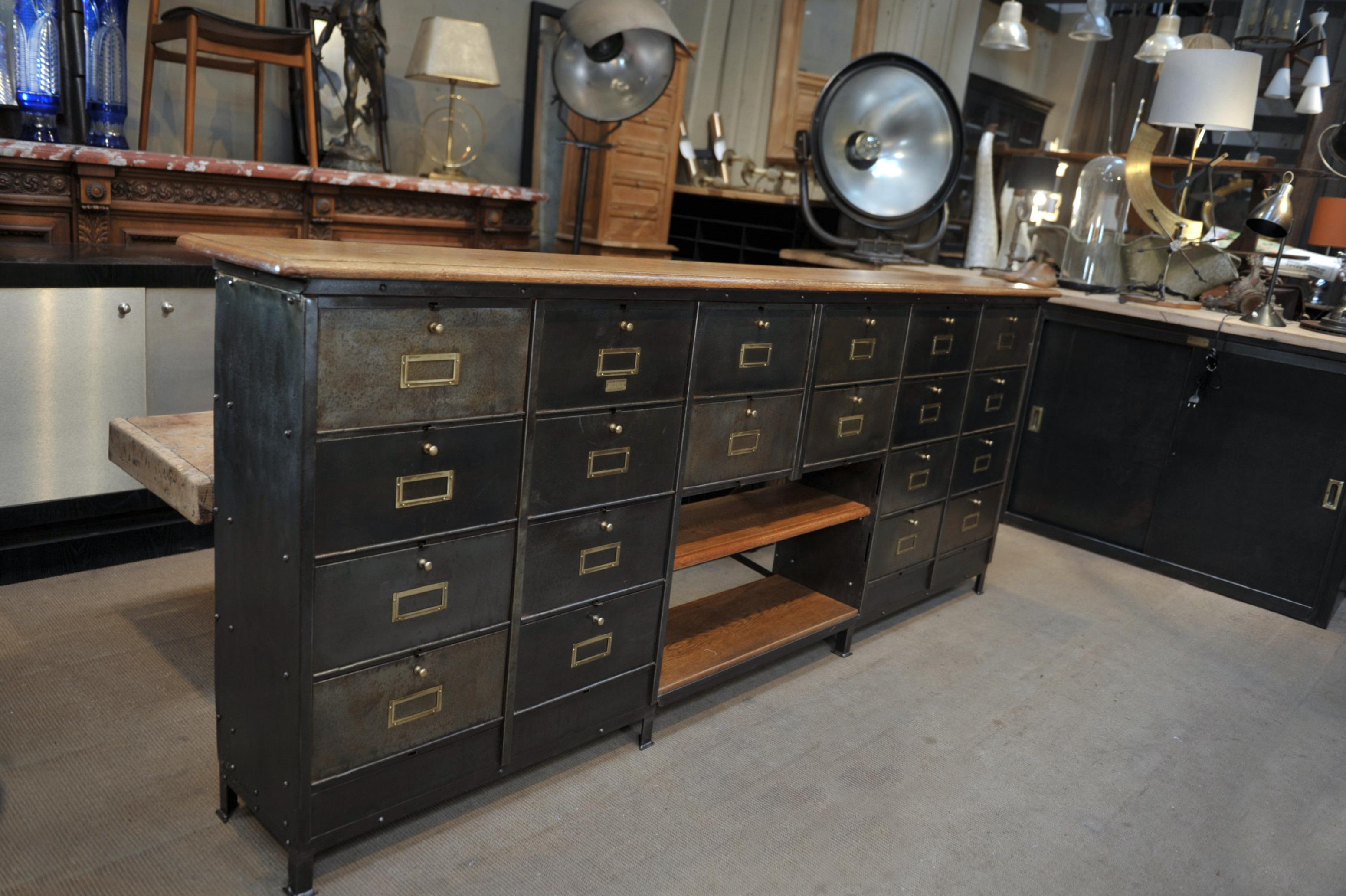 Long Ronéo Paris Iron and Oak Industrial Capets Cabinet, circa 1950 For Sale 2
