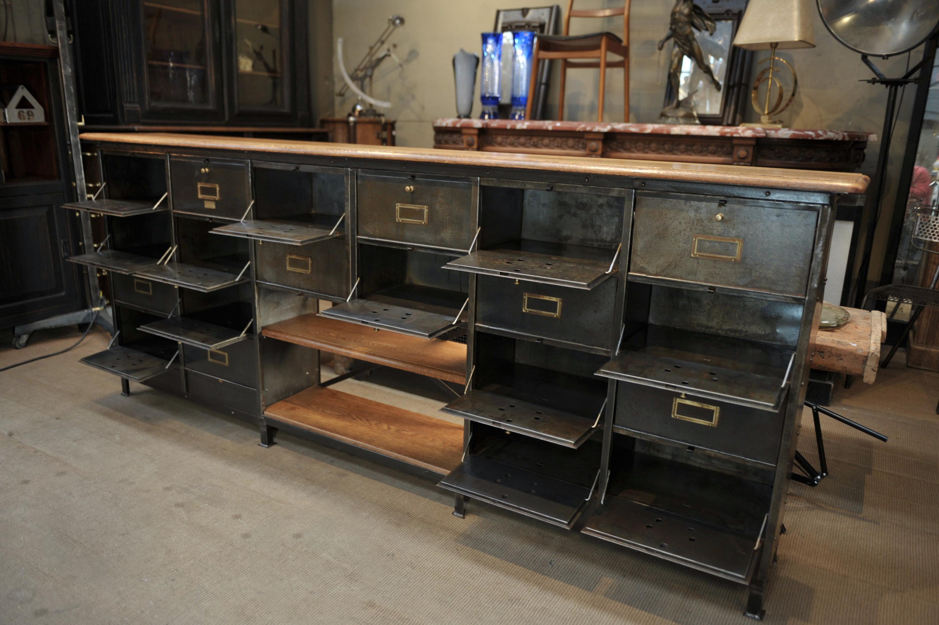 Long Ronéo Paris Iron and Oak Industrial Capets Cabinet, circa 1950 For Sale 3