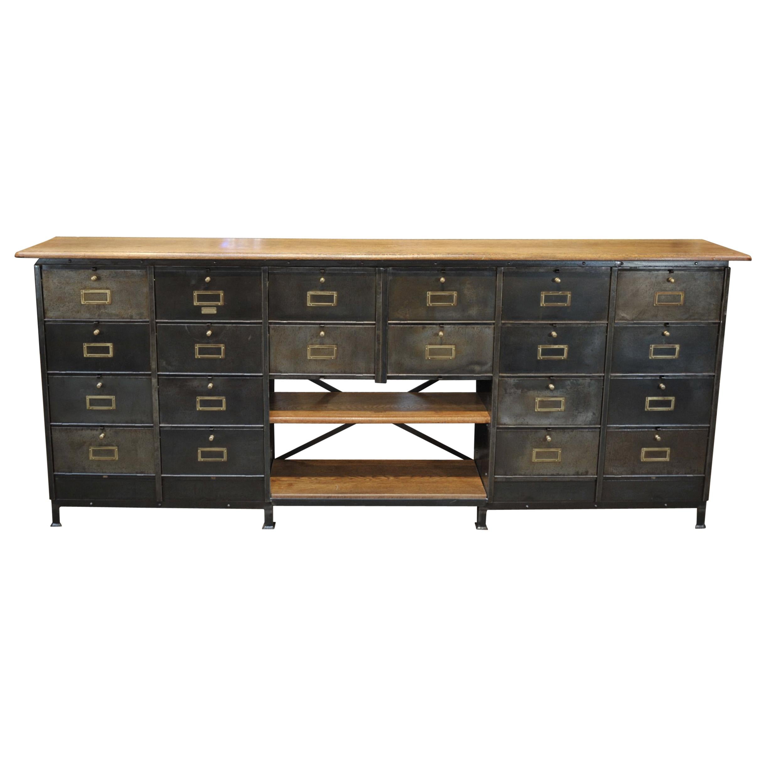 Long Ronéo Paris Iron and Oak Industrial Capets Cabinet, circa 1950 For Sale
