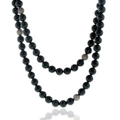 Long Rope Black onyx Necklace With Pave Diamond Ball