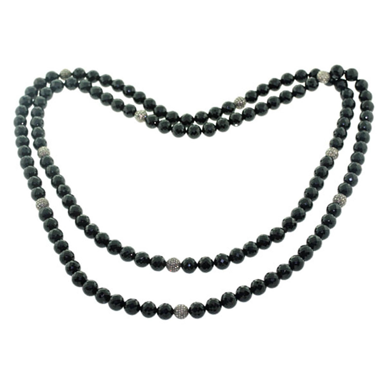 Art Déco Collana lunga in corda di onice nero con sfera di diamanti in pavé in vendita