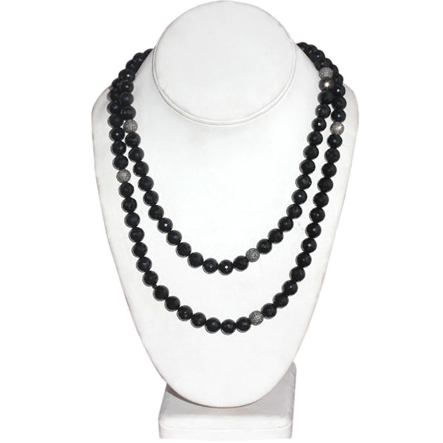 Taglio misto Collana lunga in corda di onice nero con sfera di diamanti in pavé in vendita