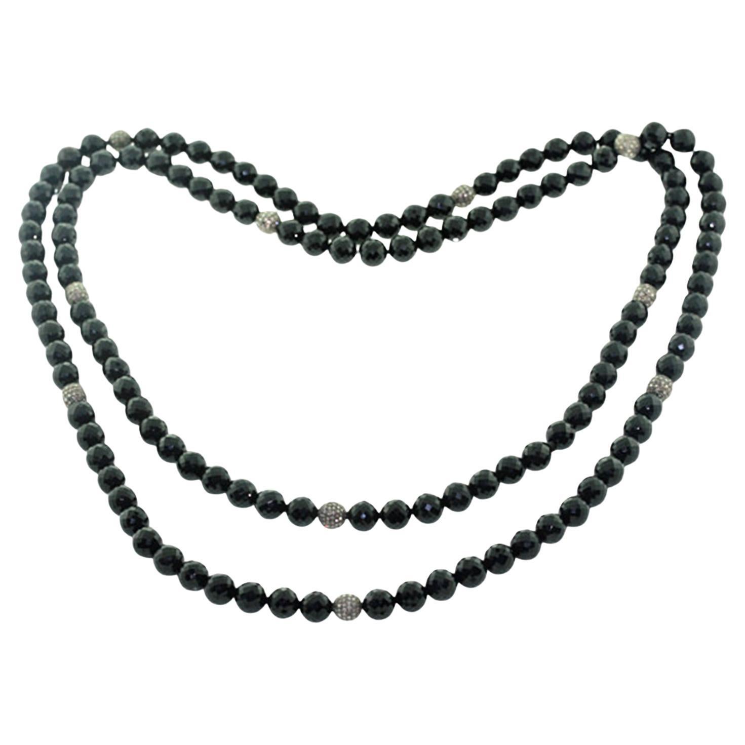 Long Rope Black onyx Necklace With Pave Diamond Ball For Sale