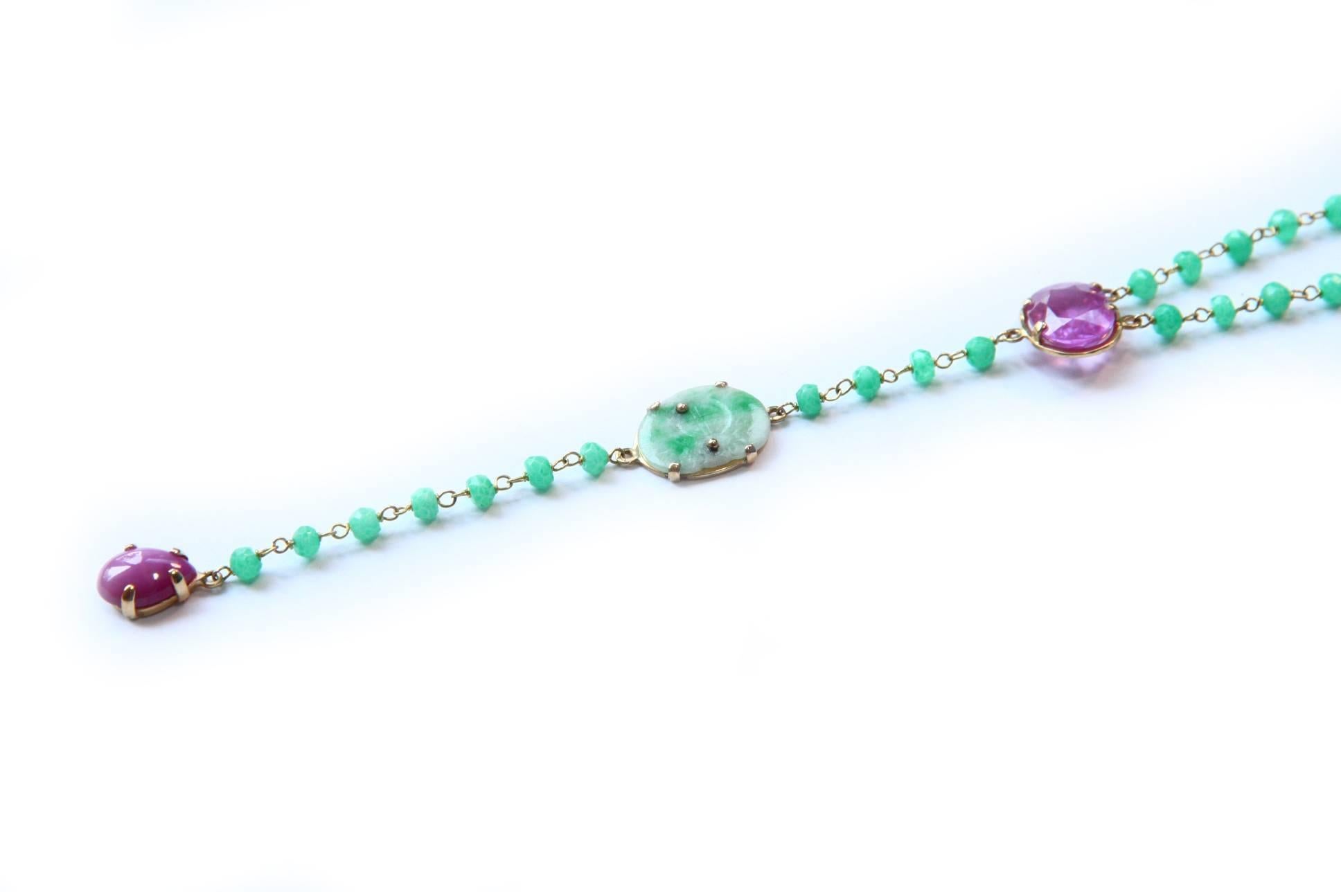 Artisan Long Rosario Necklace Emerald Tourmaline Jade Star Ruby 18 Karat Gold For Sale