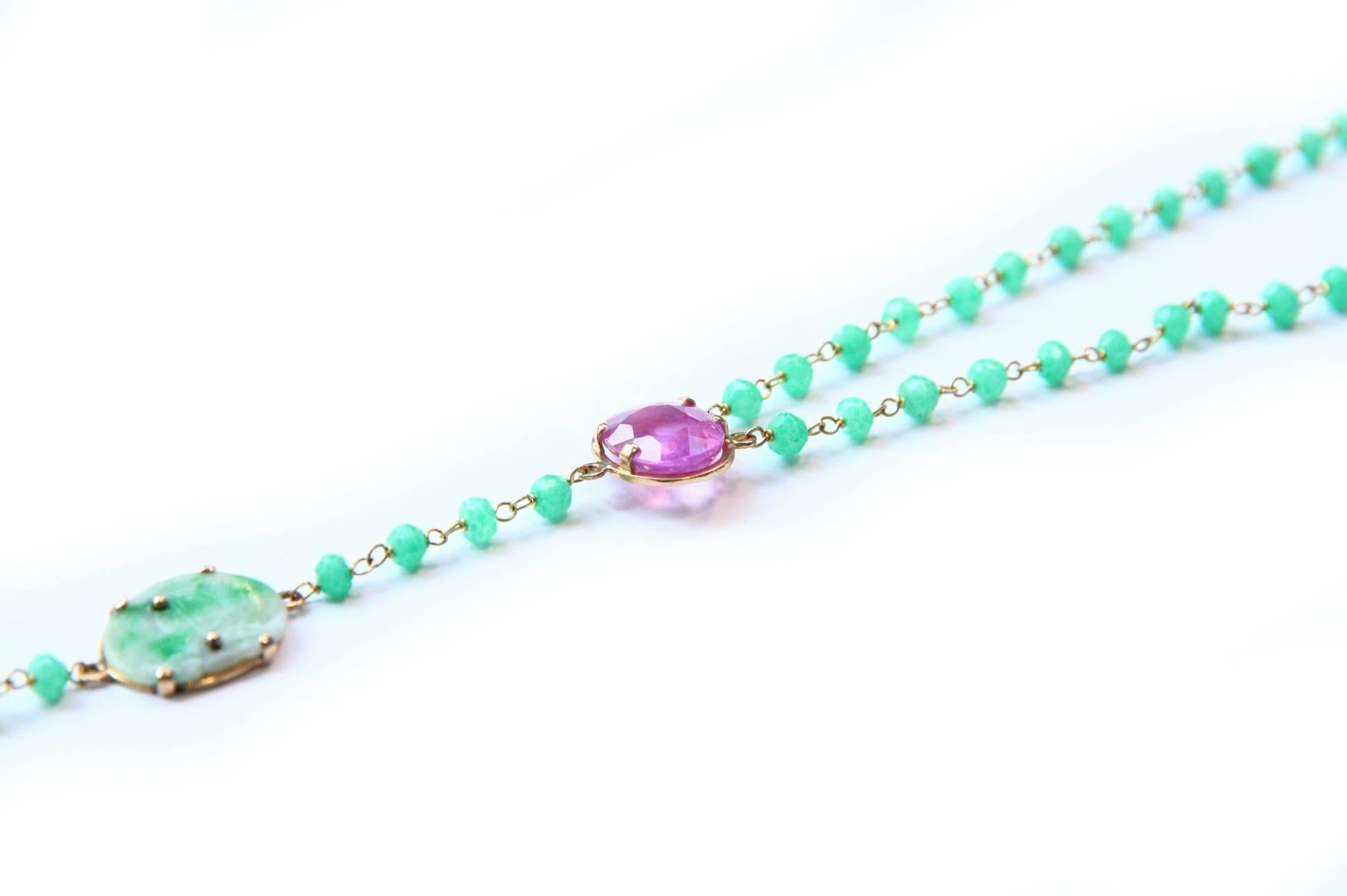 Mixed Cut Long Rosario Necklace Emerald Tourmaline Jade Star Ruby 18 Karat Gold For Sale