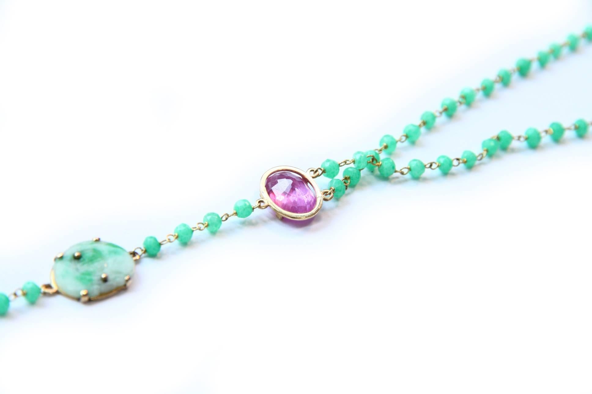 Long Rosario Necklace Emerald Tourmaline Jade Star Ruby 18 Karat Gold In New Condition For Sale In Milan, IT