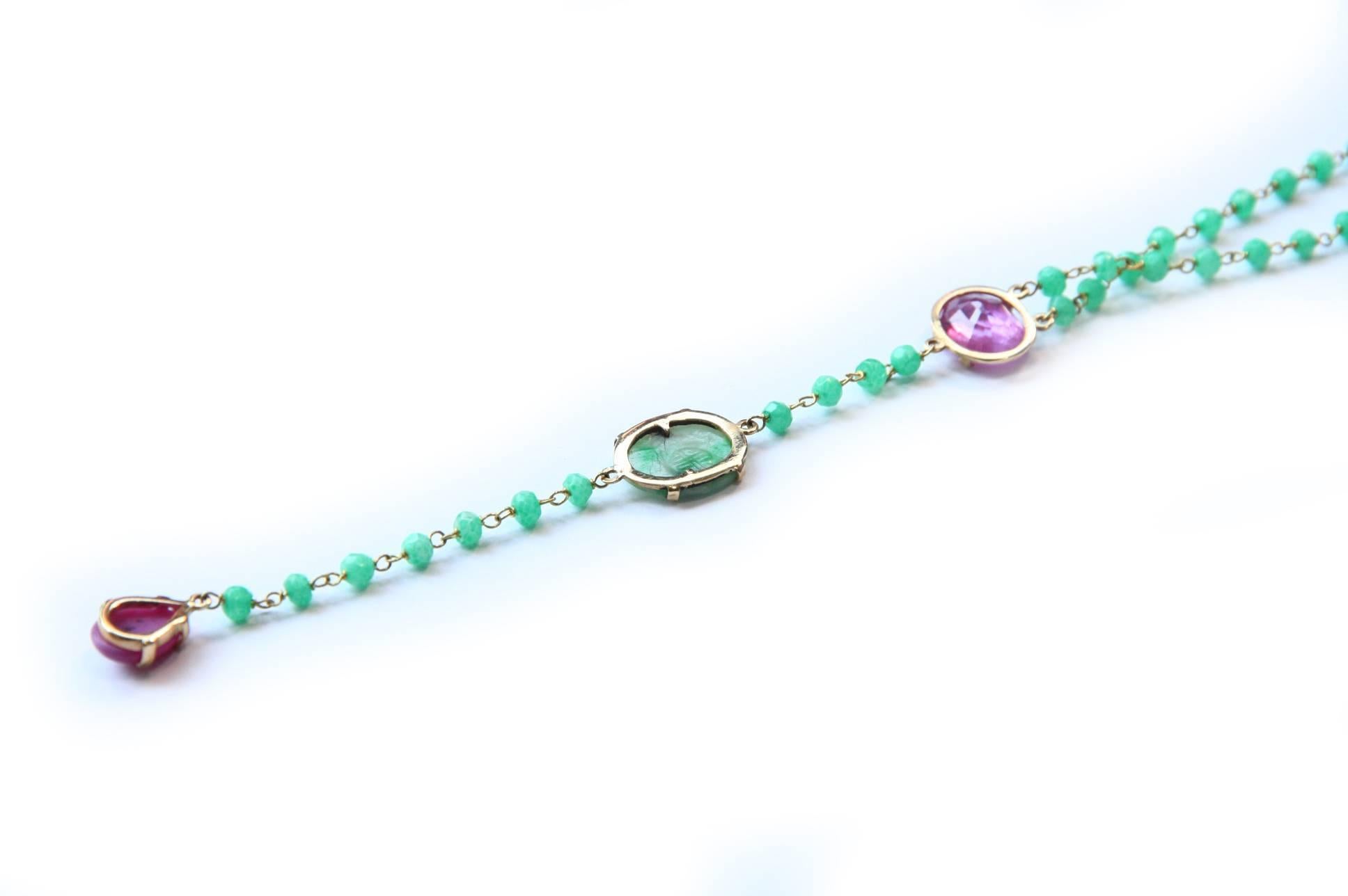 Women's or Men's Long Rosario Necklace Emerald Tourmaline Jade Star Ruby 18 Karat Gold For Sale
