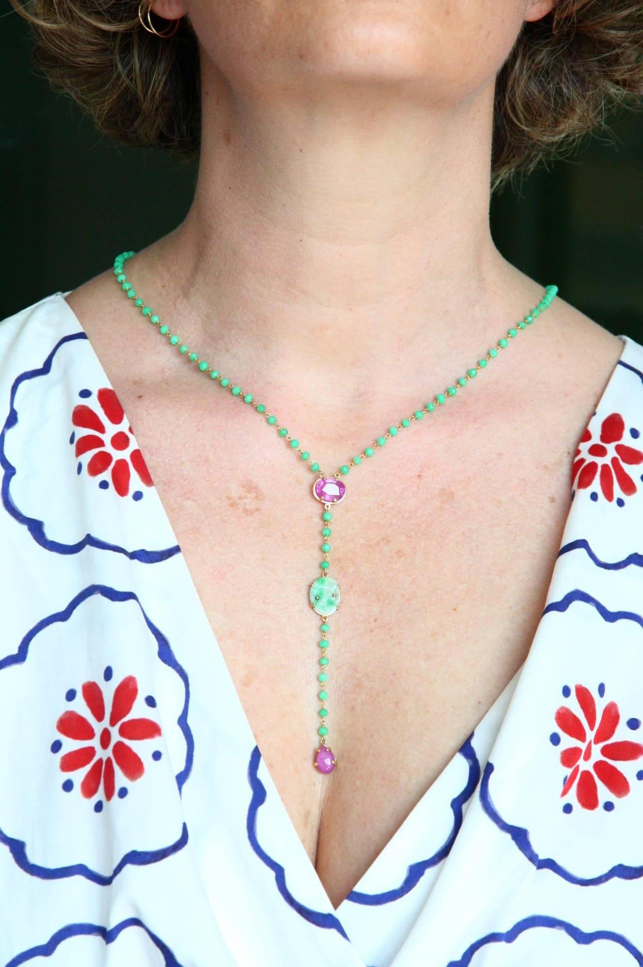 Long Rosario Necklace Emerald Tourmaline Jade Star Ruby 18 Karat Gold For Sale 1