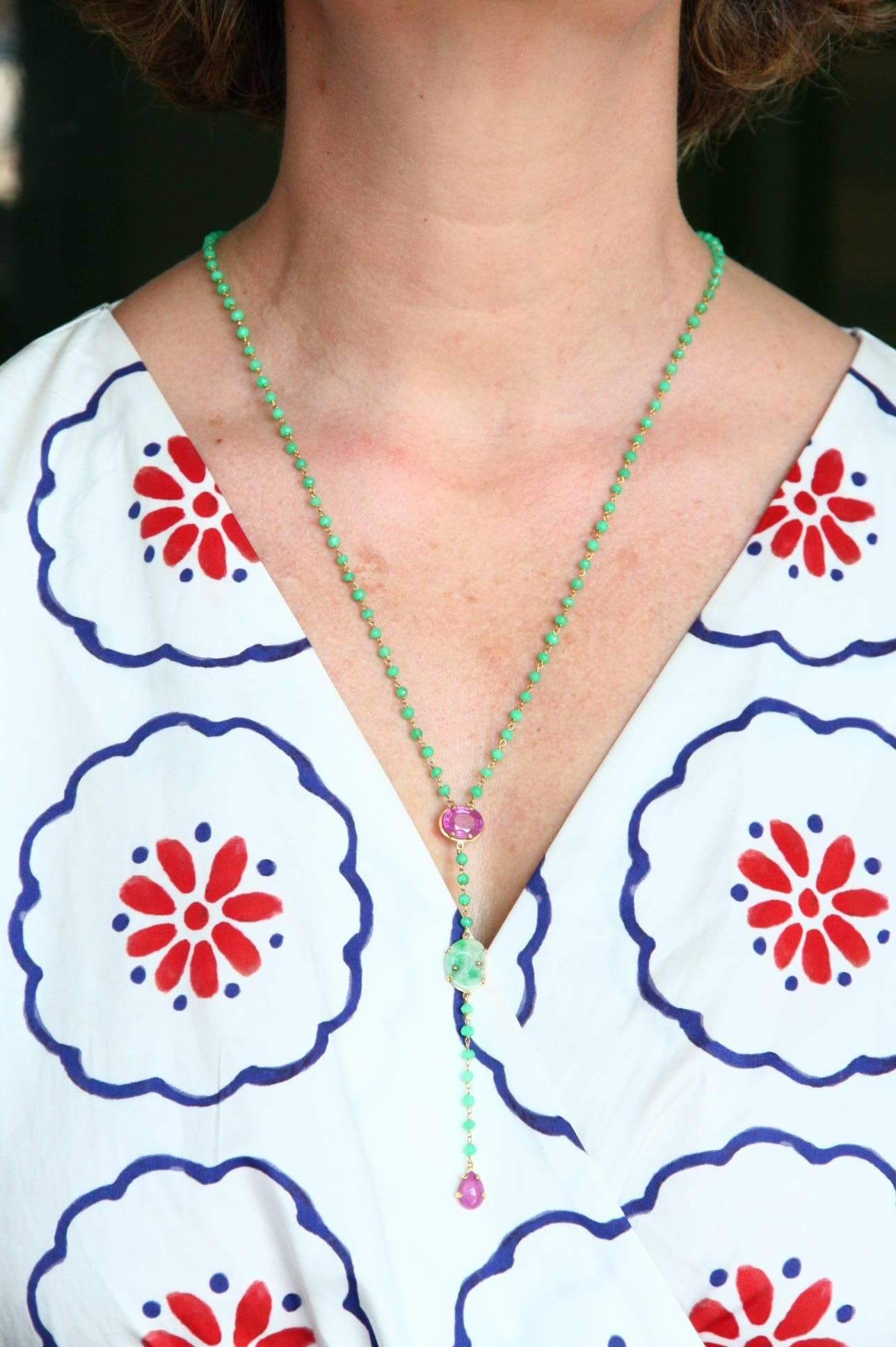 Long Rosario Necklace Emerald Tourmaline Jade Star Ruby 18 Karat Gold For Sale 2