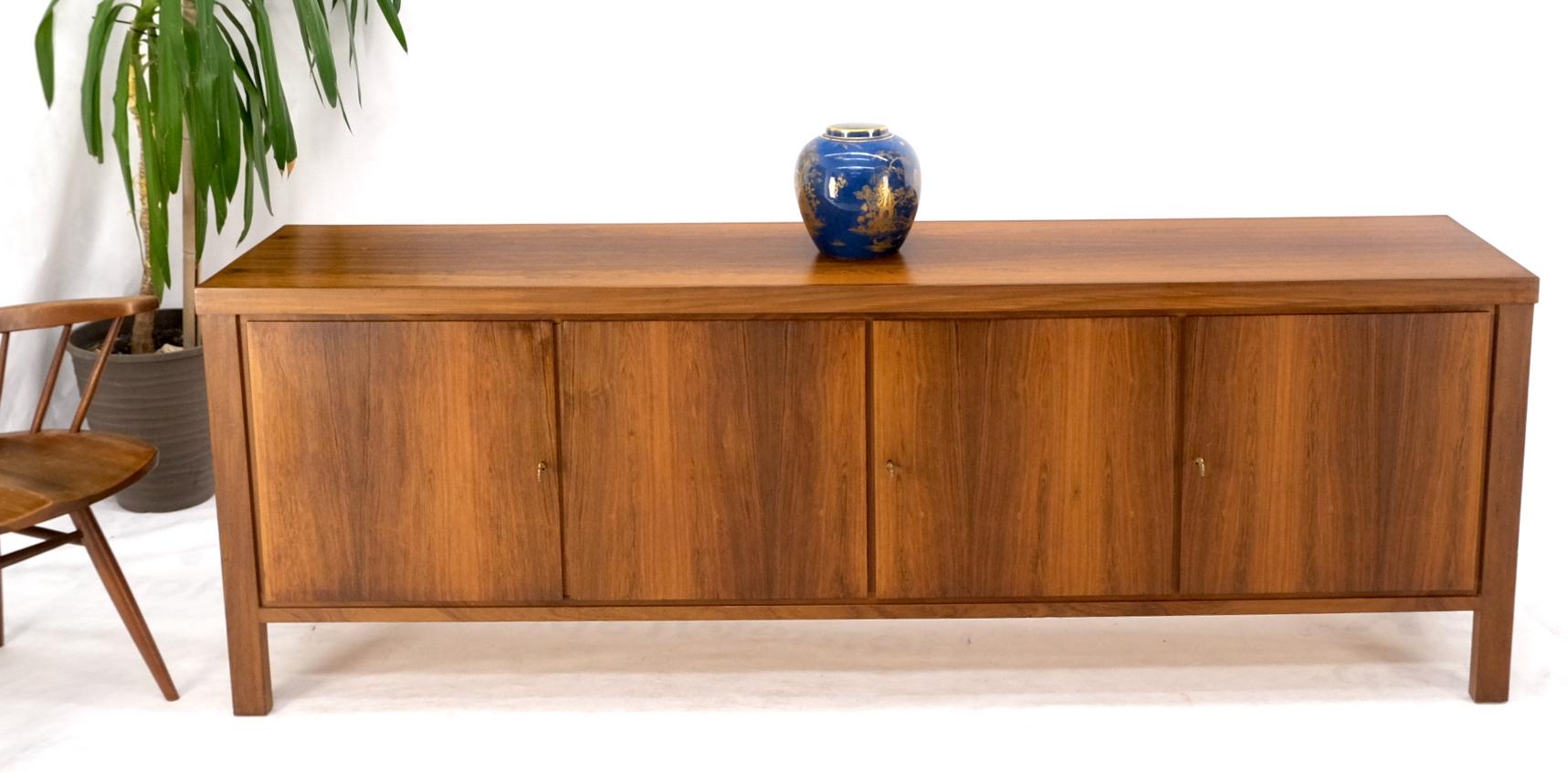 Lacquered Long Rosewood Danish Mid-Century Modern 4 Doors Drawers Credenza Finished Back For Sale