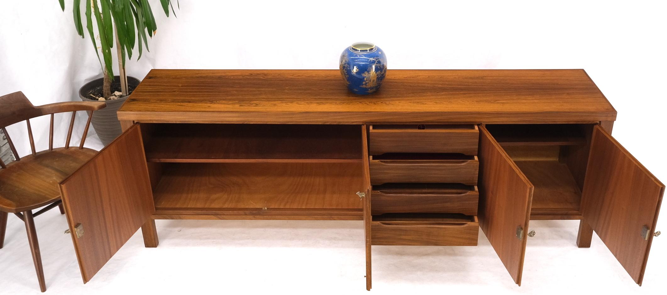 Brass Long Rosewood Danish Mid-Century Modern 4 Doors Drawers Credenza Finished Back For Sale