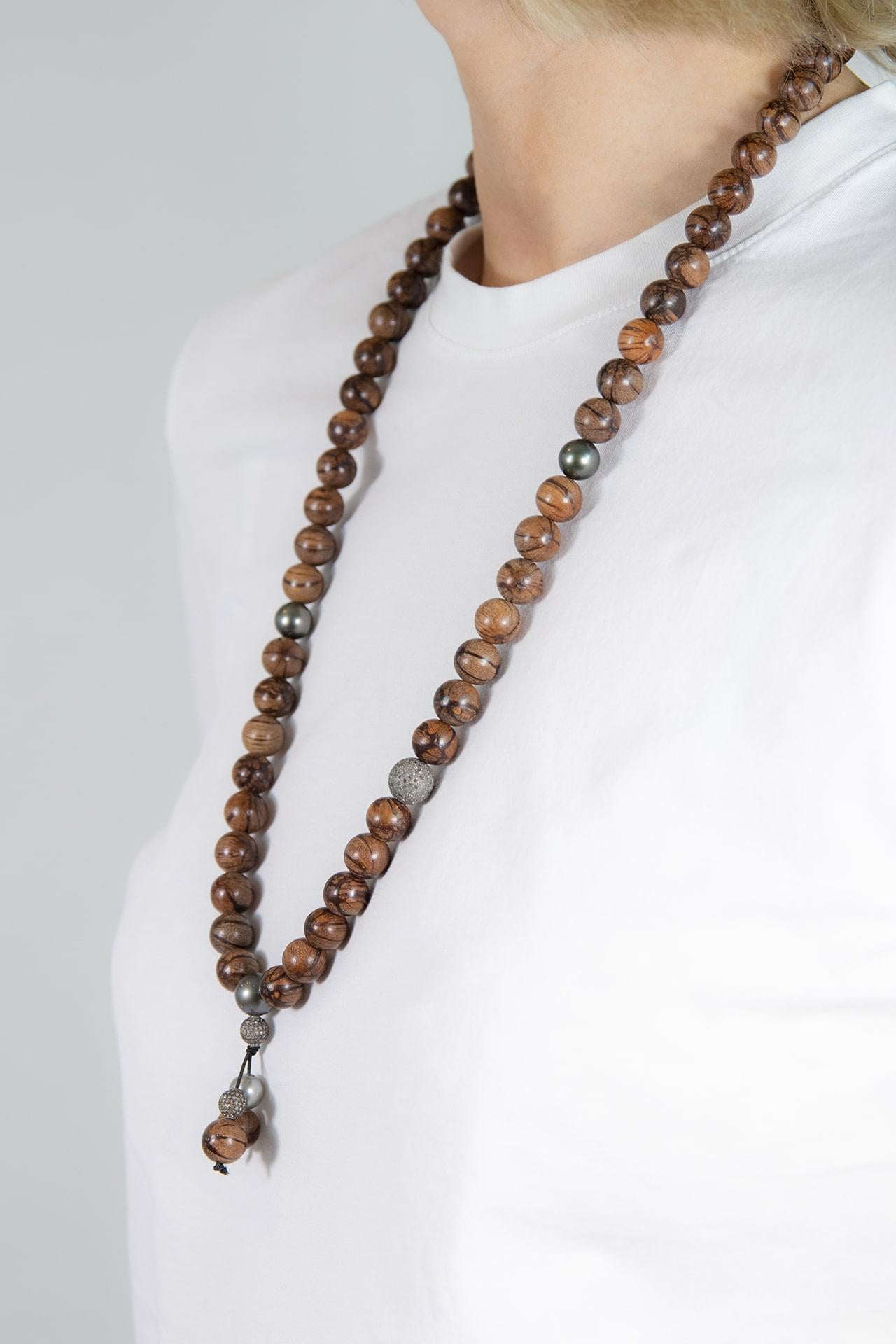Single Cut Long Rosewood/ Diamond/ Tahiti Pearl Bead Necklace For Sale