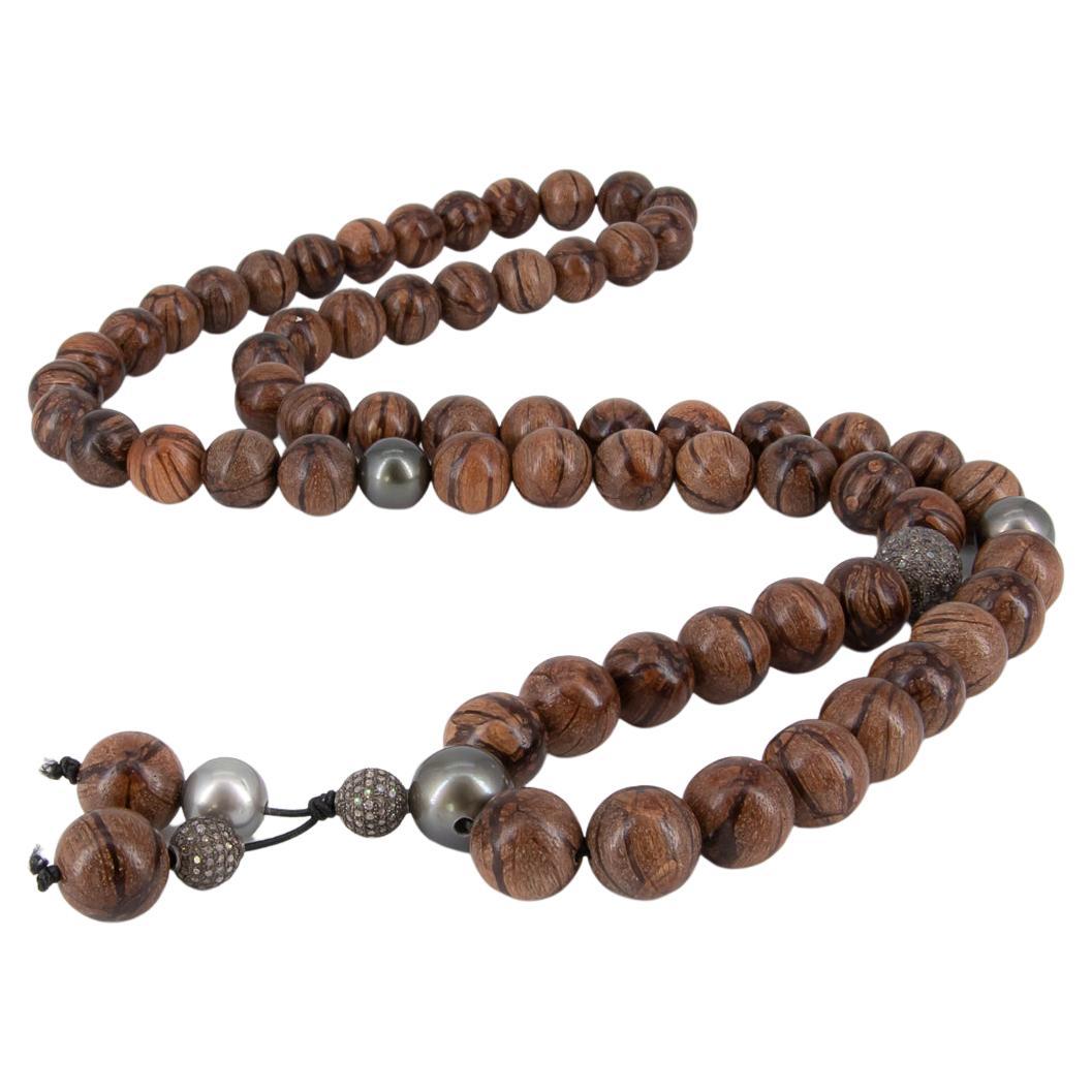 Long collier de perles en bois de rose/diamants/perles de Tahiti