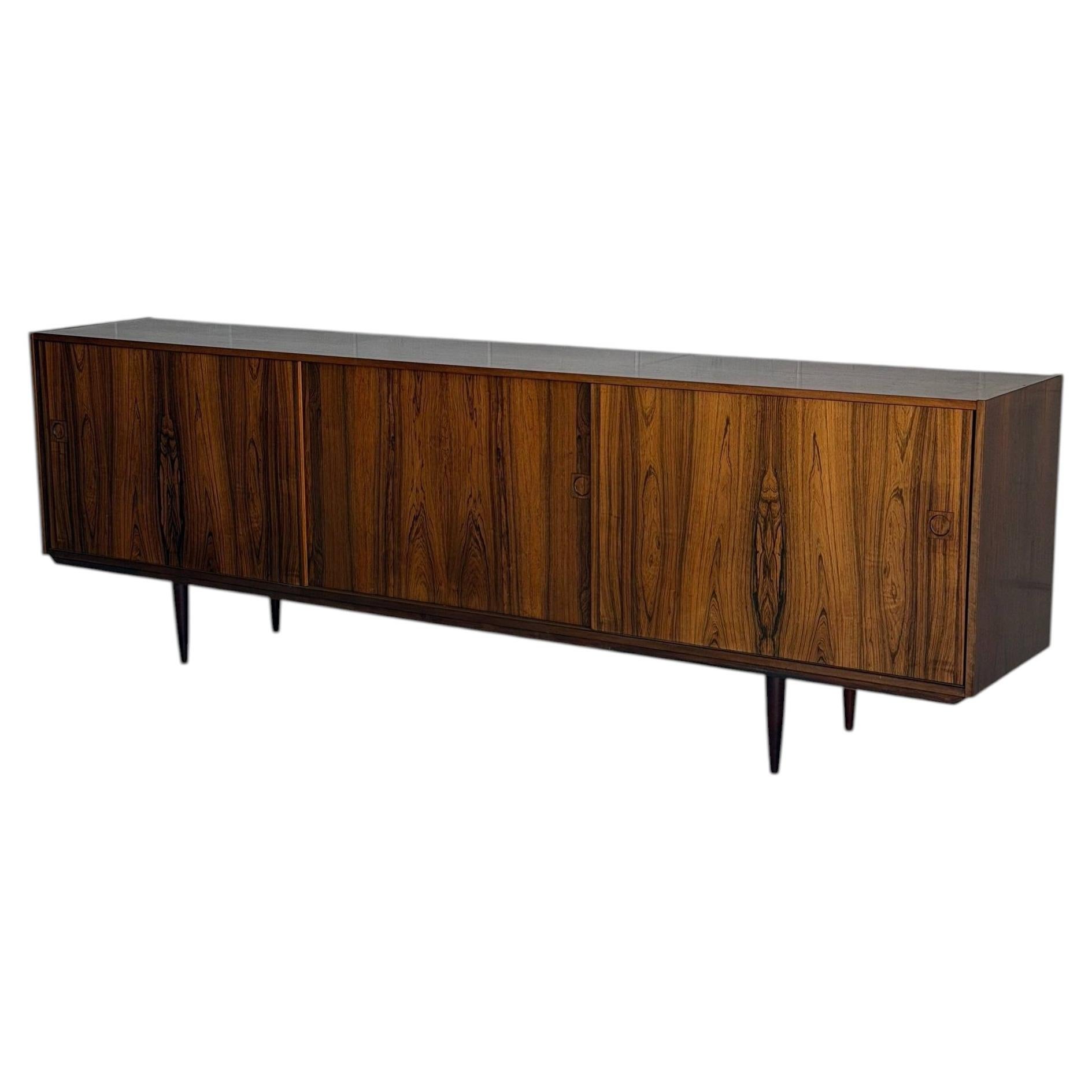 Long Rosewood Sideboard Buffet with Sliding Doors Crafted in Denmark MCM 1960s