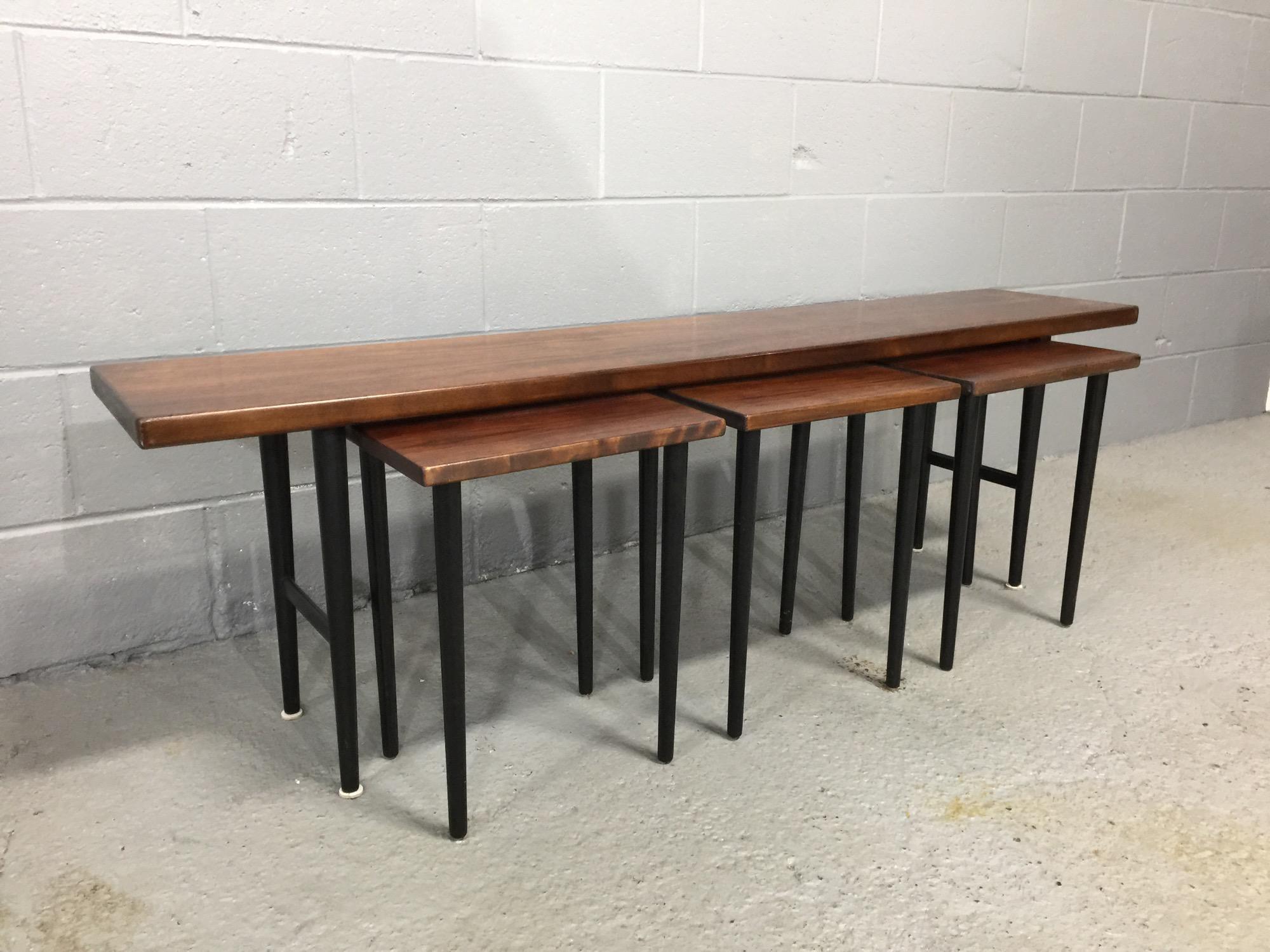 Mid-Century Modern Long Rosewood Table with 3 Small Nesting Tables