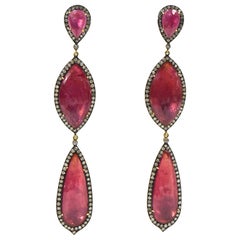 Long Ruby and Diamond Statement Sterling Silver Earrings