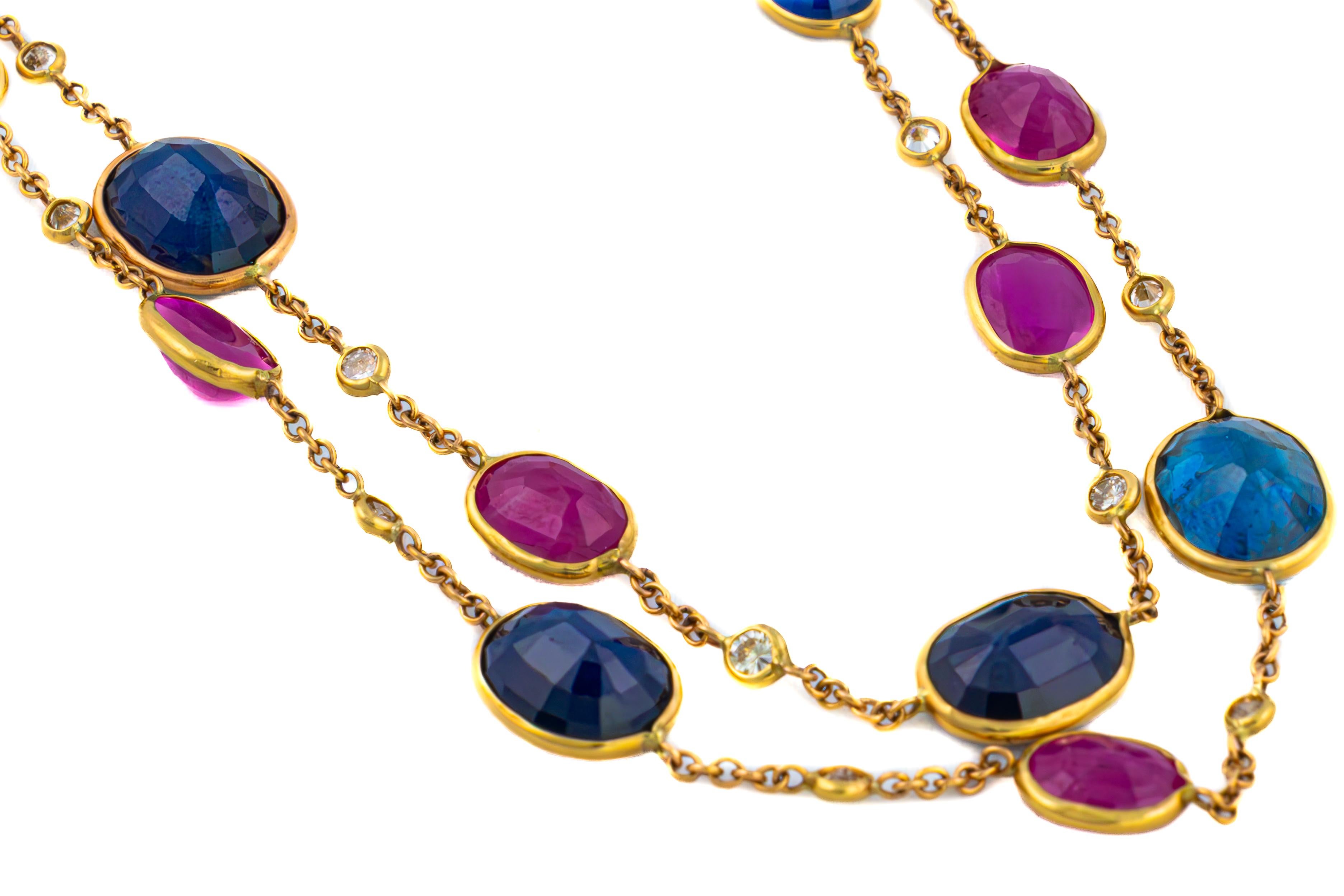 Collar largo de rubíes, zafiros y diamantes por metros Retro en venta
