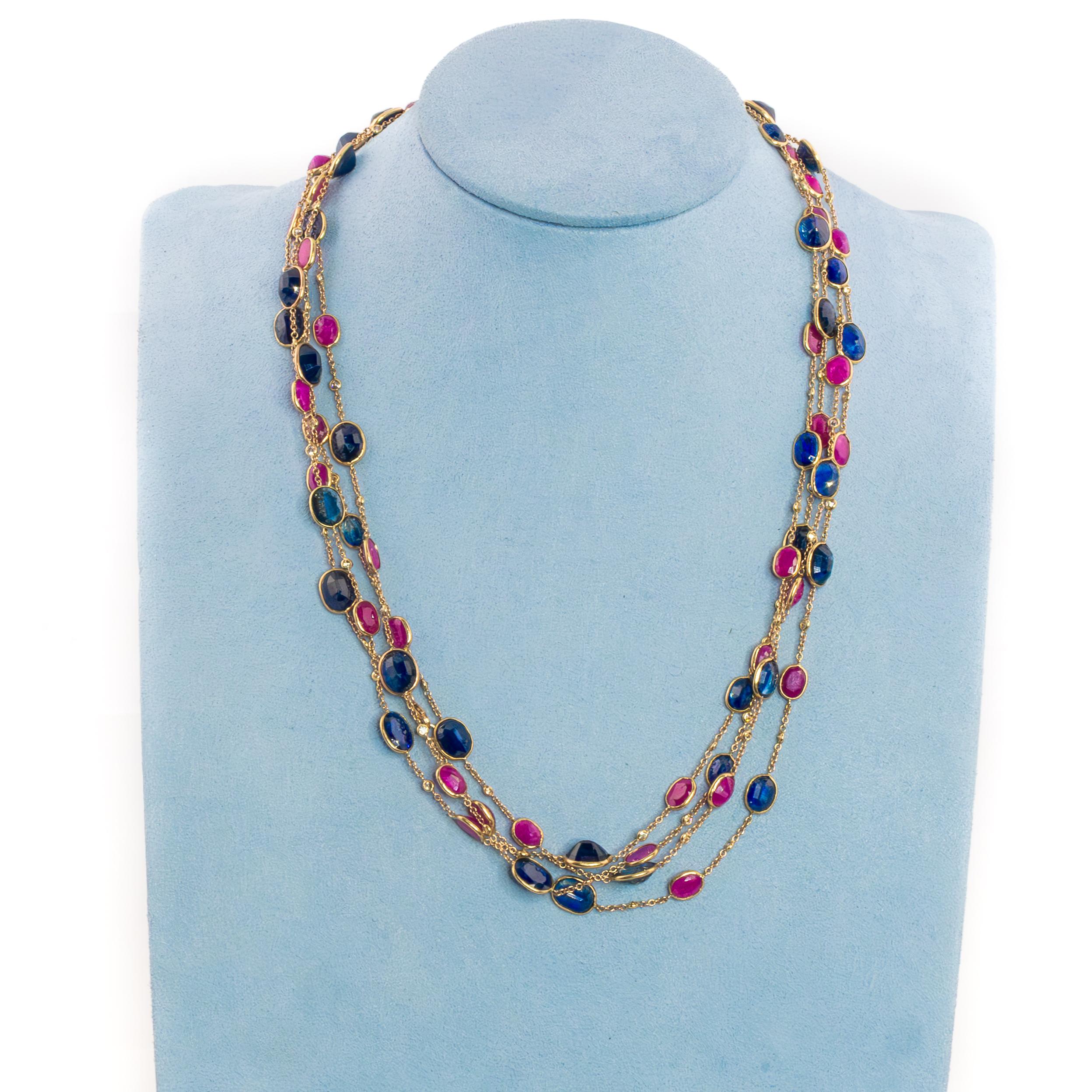 Collar largo de rubíes, zafiros y diamantes por metros Corte oval en venta