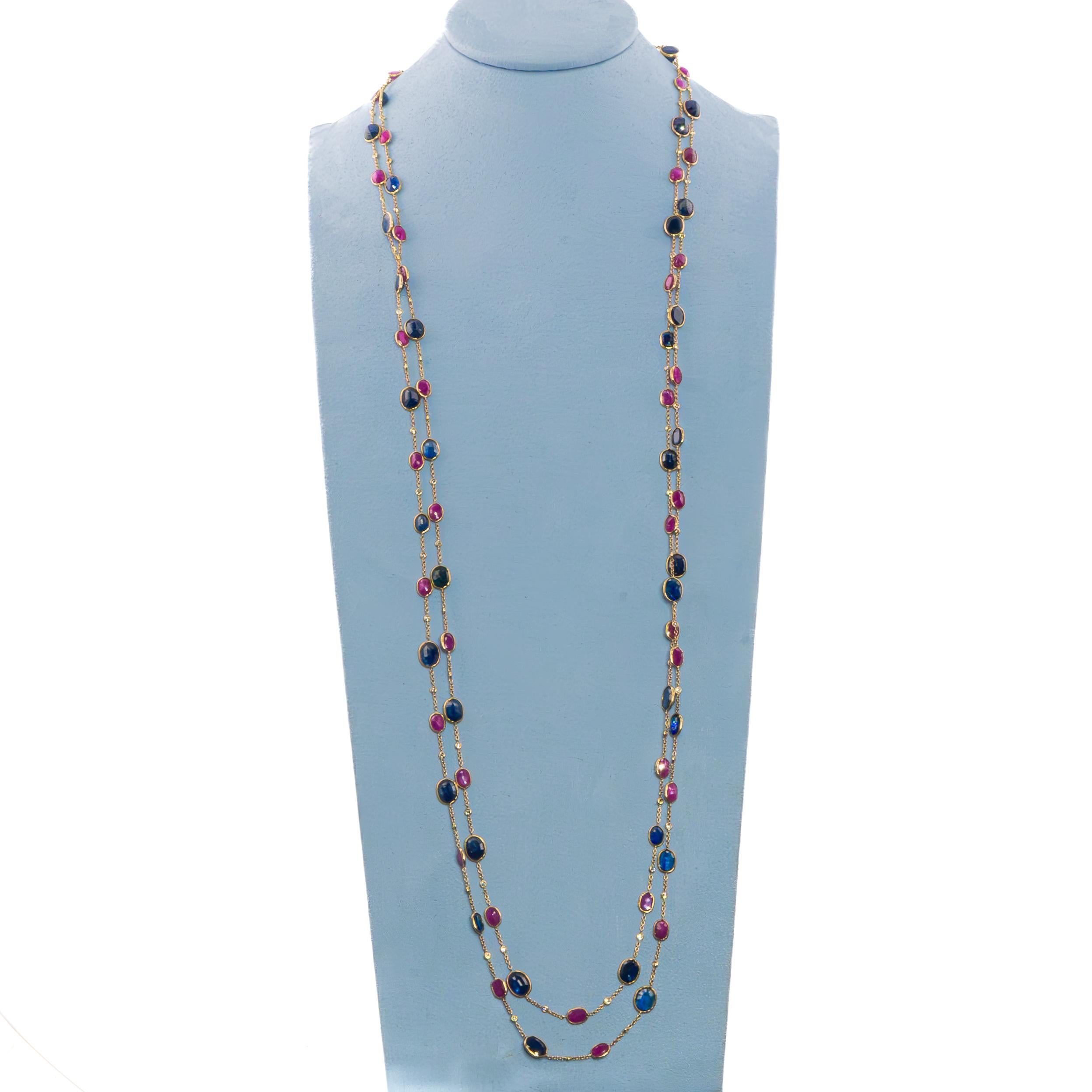 Collar largo de rubíes, zafiros y diamantes por metros en Excelente estado para la venta en New York, NY
