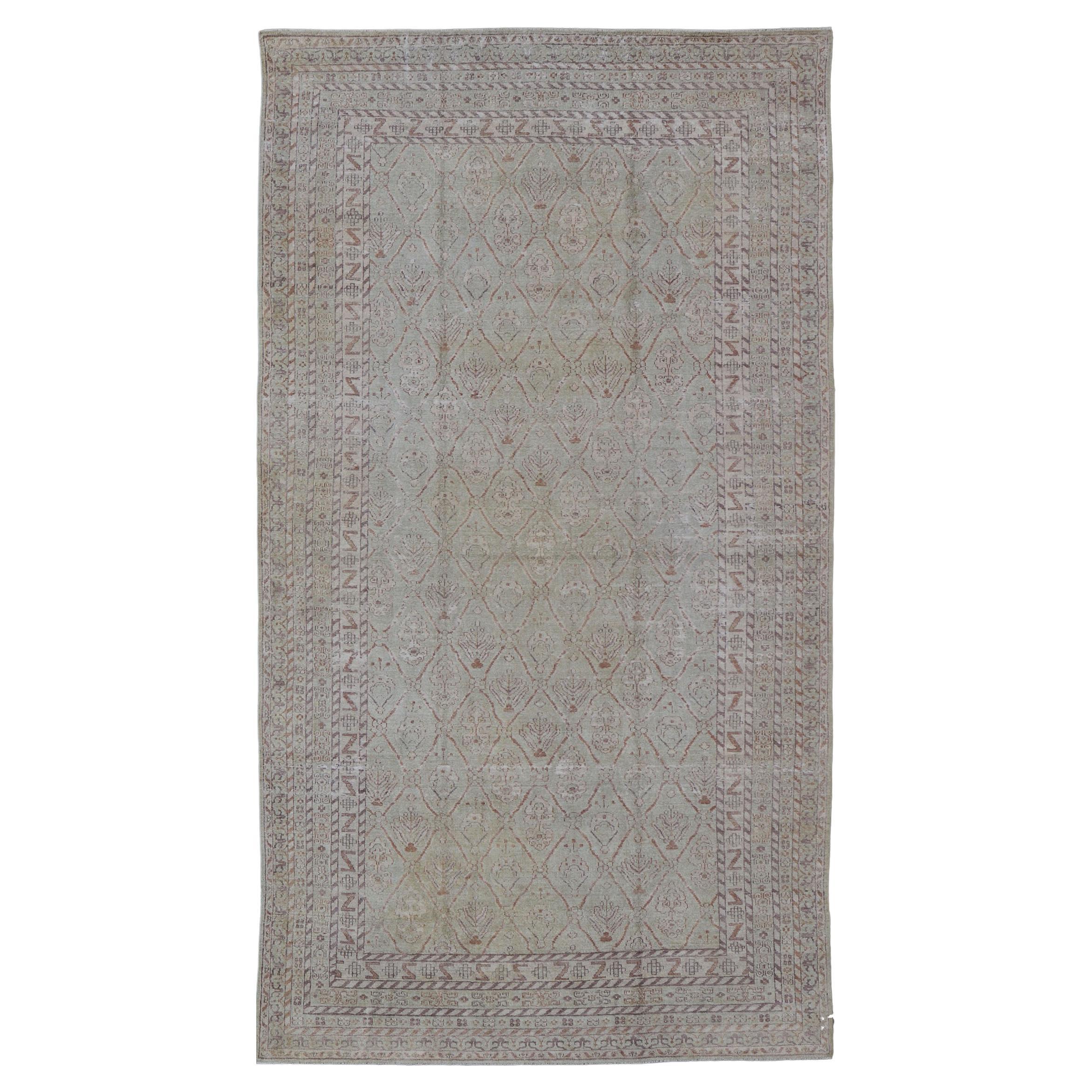 Long Rug Vintage Distressed Amritsar in Sage Green and Cognac Brown For Sale