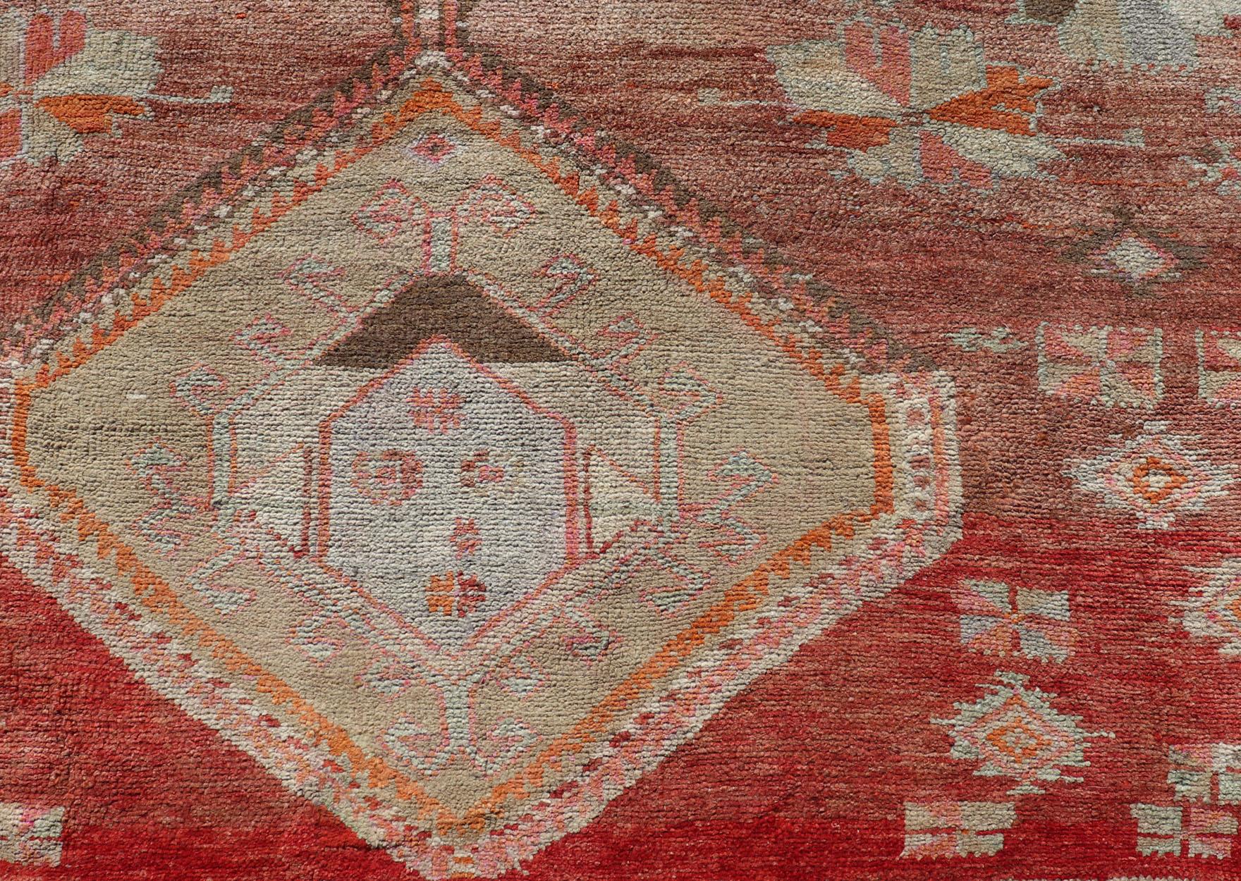 Long Rug, Vintage Turkish Gallery Rug with Tribal Design in Variegated Red For Sale 3