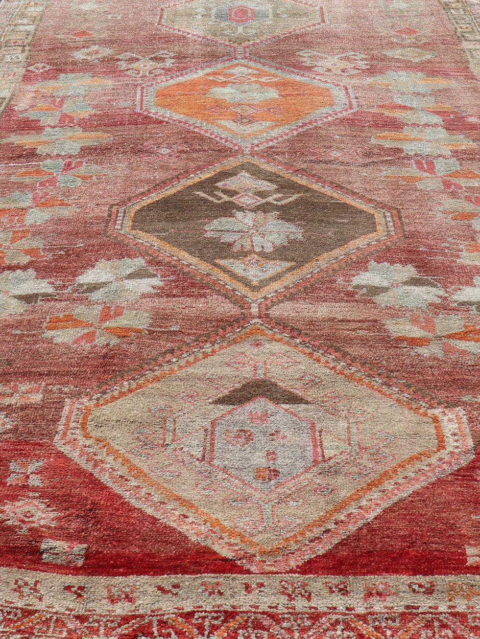 Long Rug, Vintage Turkish Gallery Rug with Tribal Design in Variegated Red For Sale 7