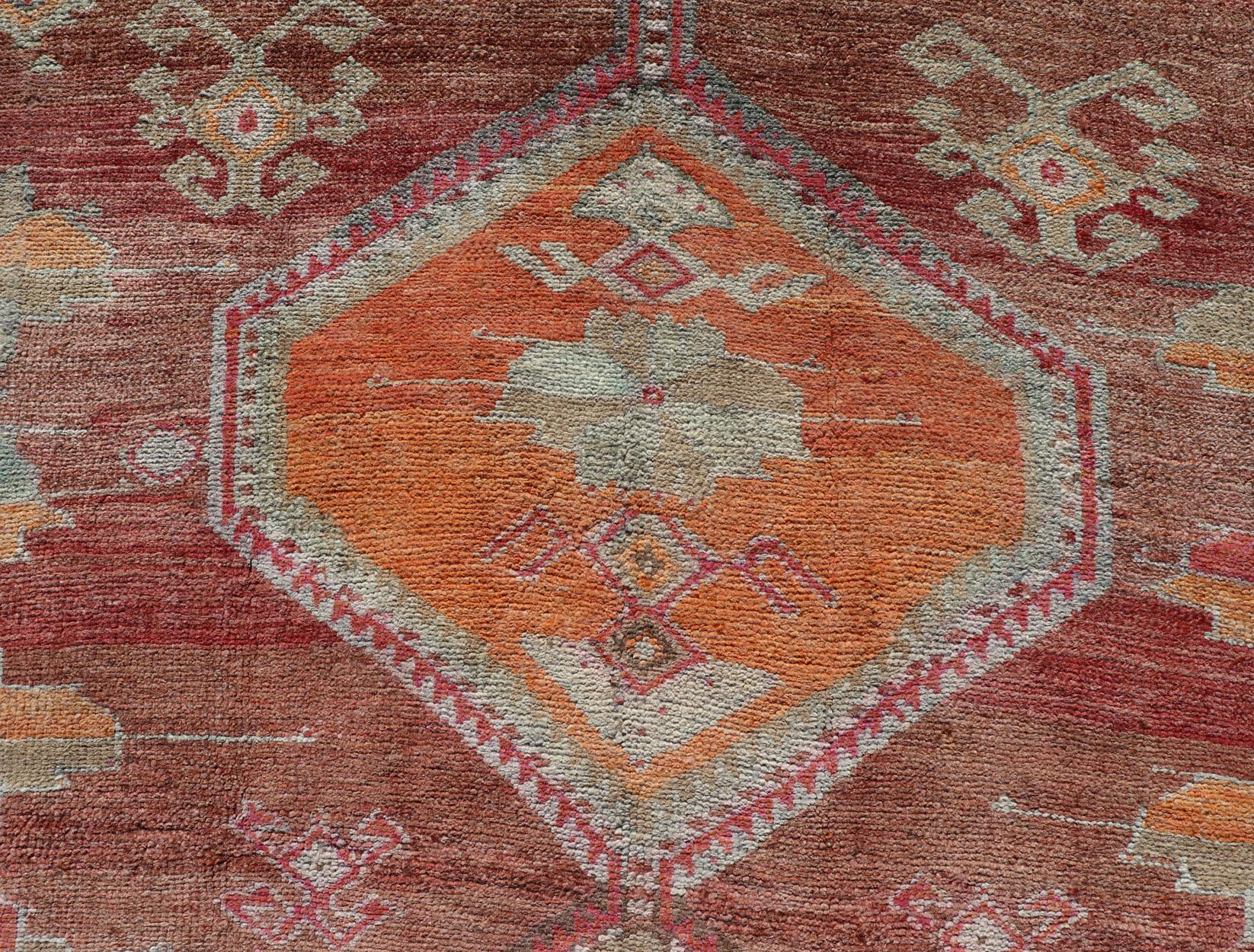 Long Rug, Vintage Turkish Gallery Rug with Tribal Design in Variegated Red For Sale 9