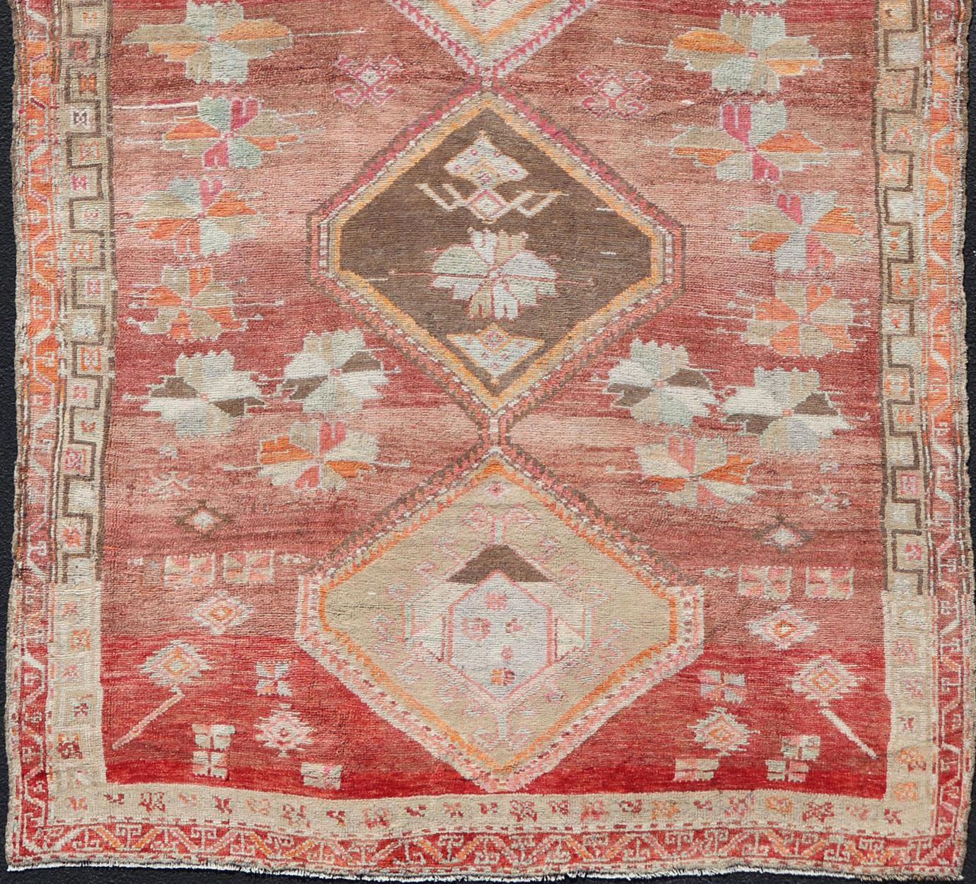Hand-Knotted Long Rug, Vintage Turkish Gallery Rug with Tribal Design in Variegated Red For Sale