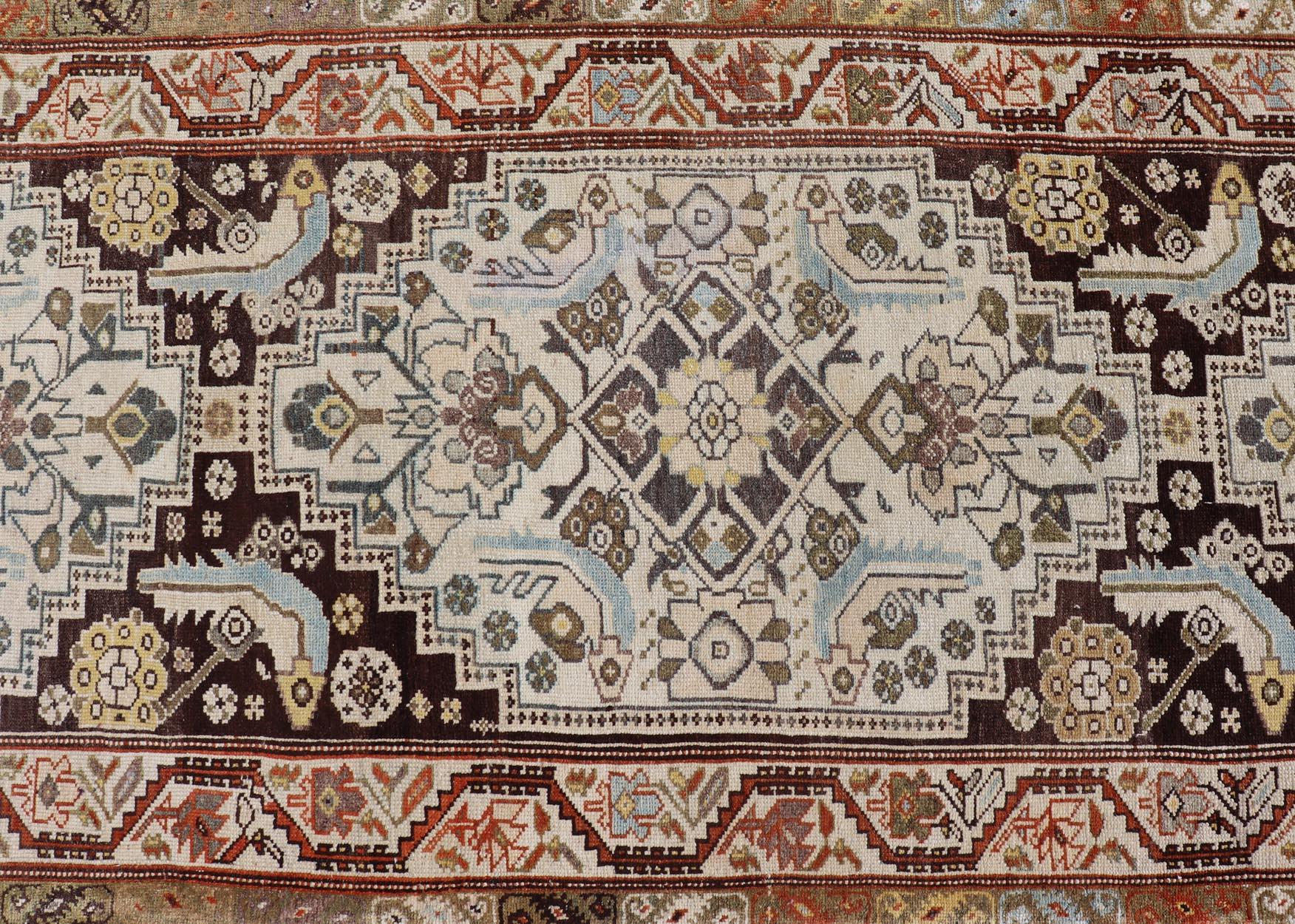 Long Runner Antique from Persia Malayer in Gray-Blue and Earthy Tones with Red For Sale 3