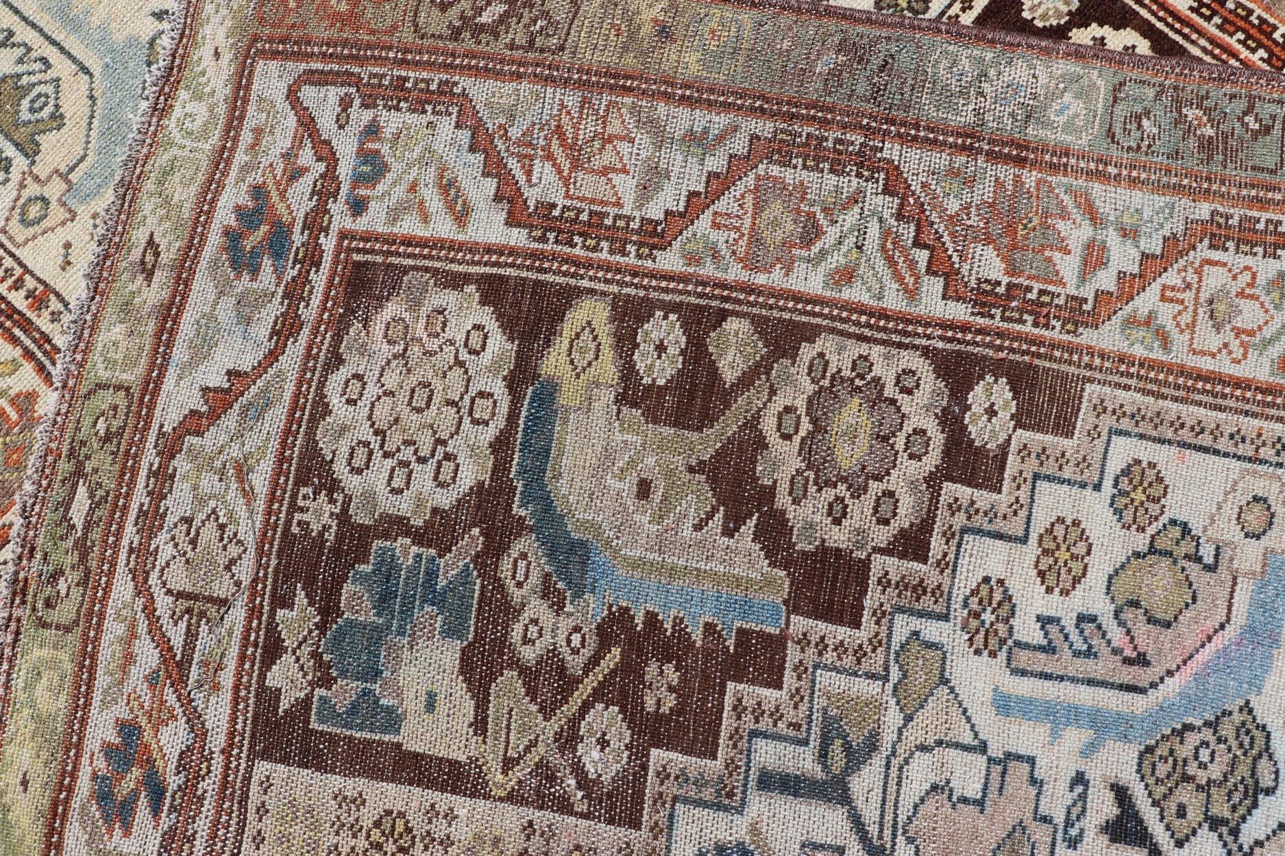Long Runner Antique from Persia Malayer in Gray-Blue and Earthy Tones with Red For Sale 6