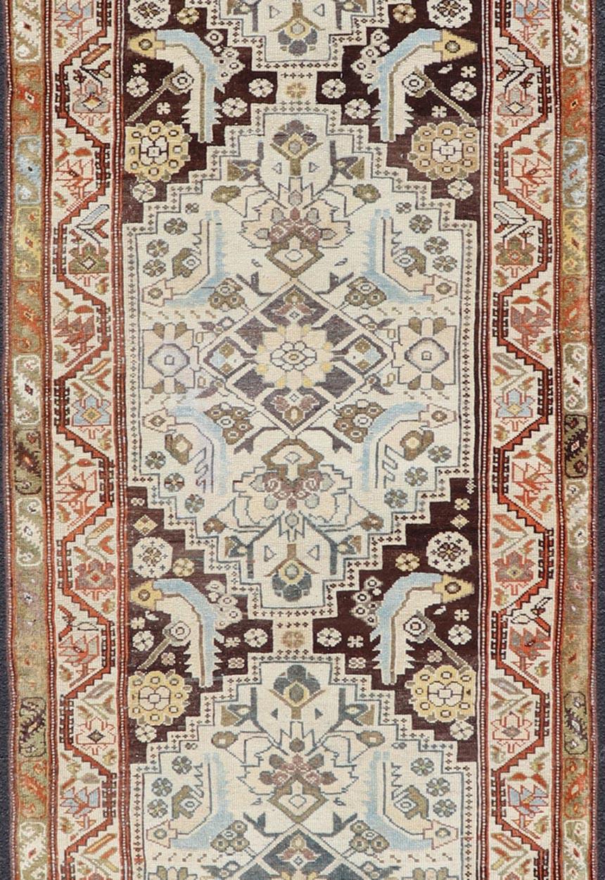 Persian Long Runner Antique from Persia Malayer in Gray-Blue and Earthy Tones with Red For Sale
