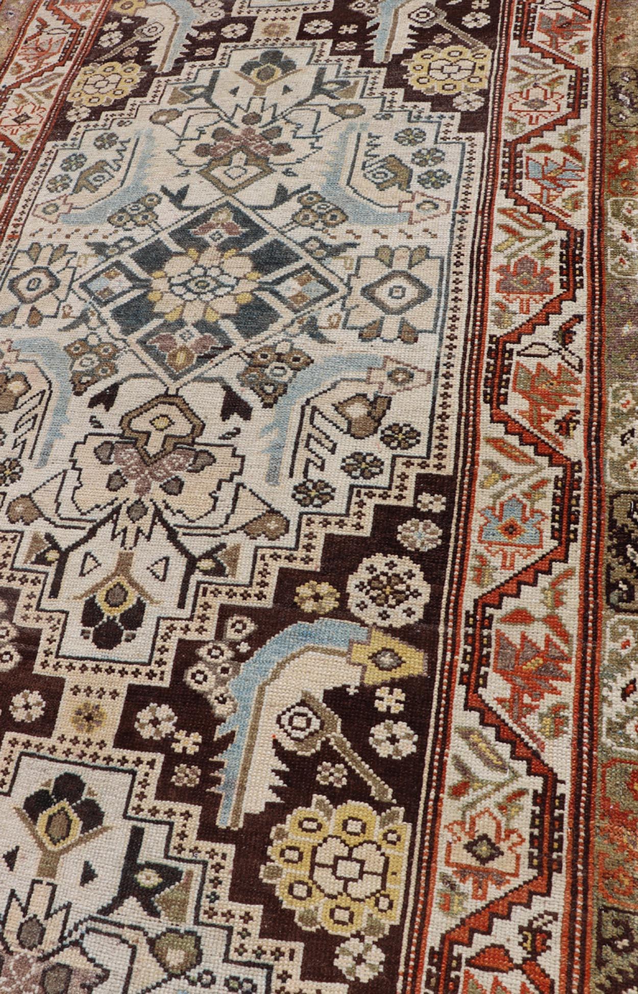 Long Runner Antique from Persia Malayer in Gray-Blue and Earthy Tones with Red In Good Condition For Sale In Atlanta, GA