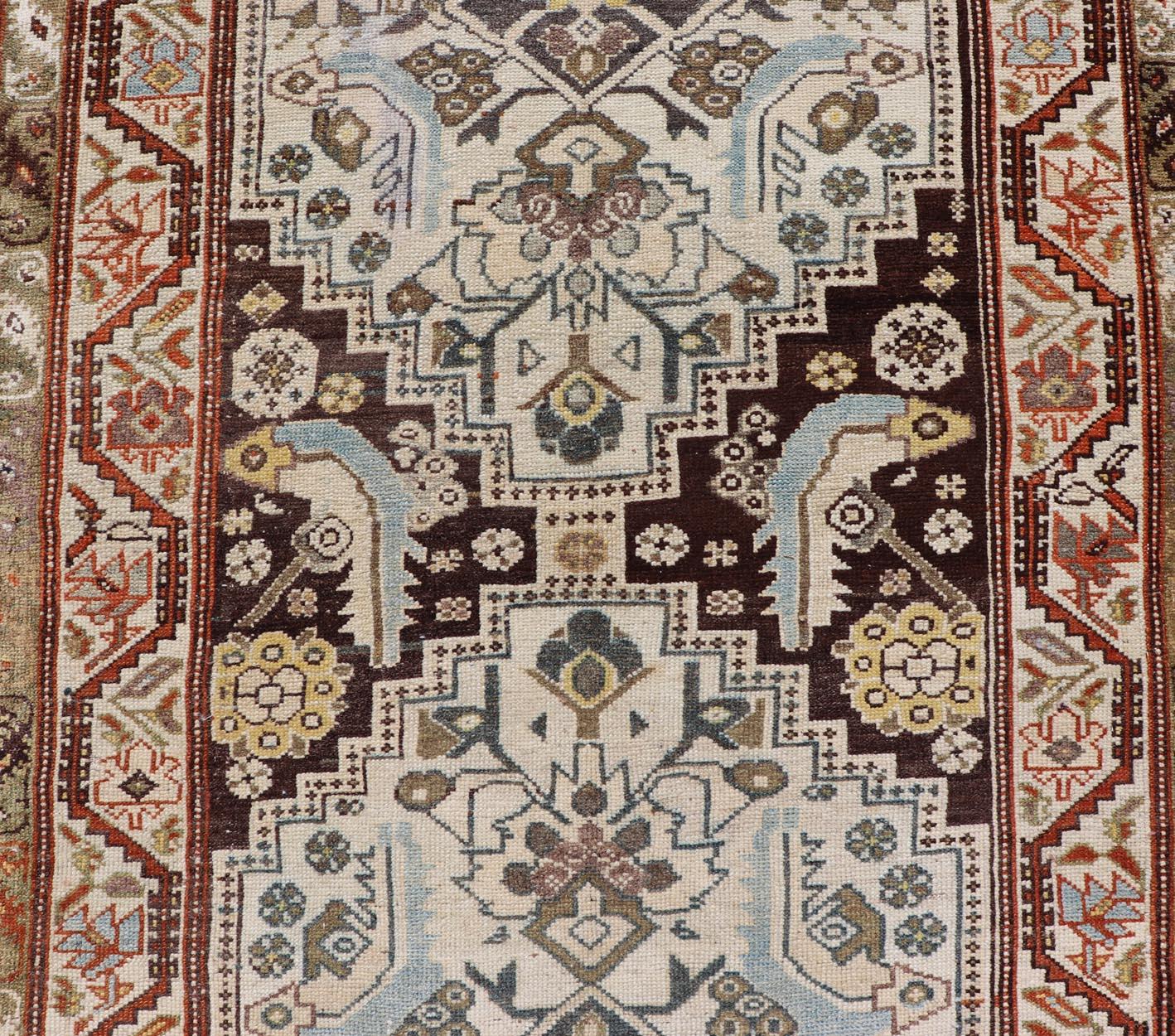 Long Runner Antique from Persia Malayer in Gray-Blue and Earthy Tones with Red For Sale 1