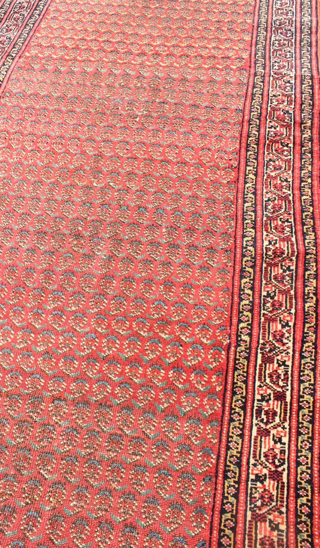 Wool Long Runner Antique Persian Malayer Runner with Saraband Design in Soft Red  For Sale