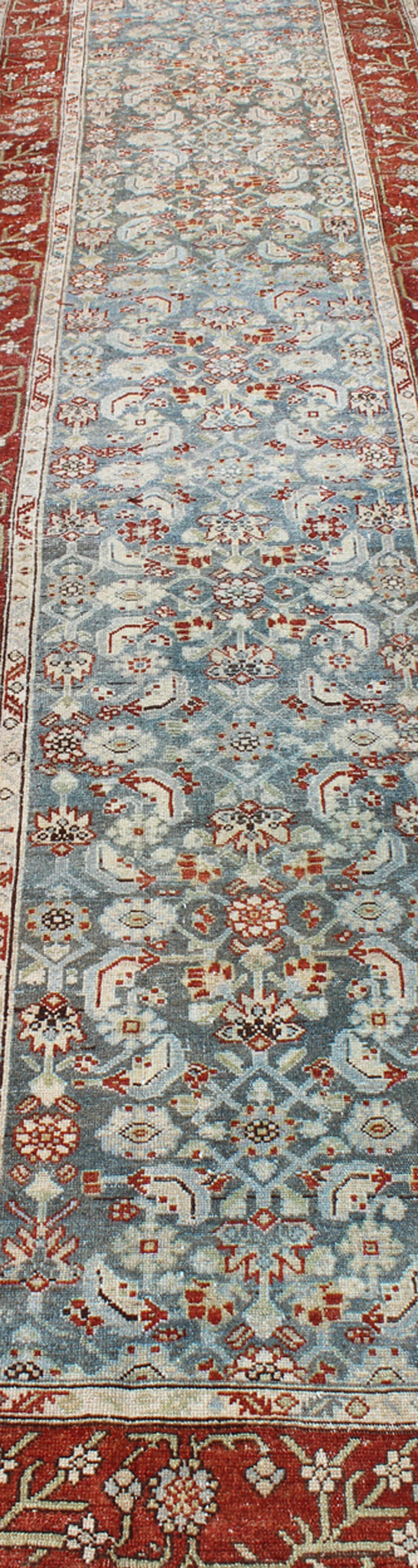 Long Runner in Blue and Red Antique Persian Malayer with All-Over Floral Design For Sale 4