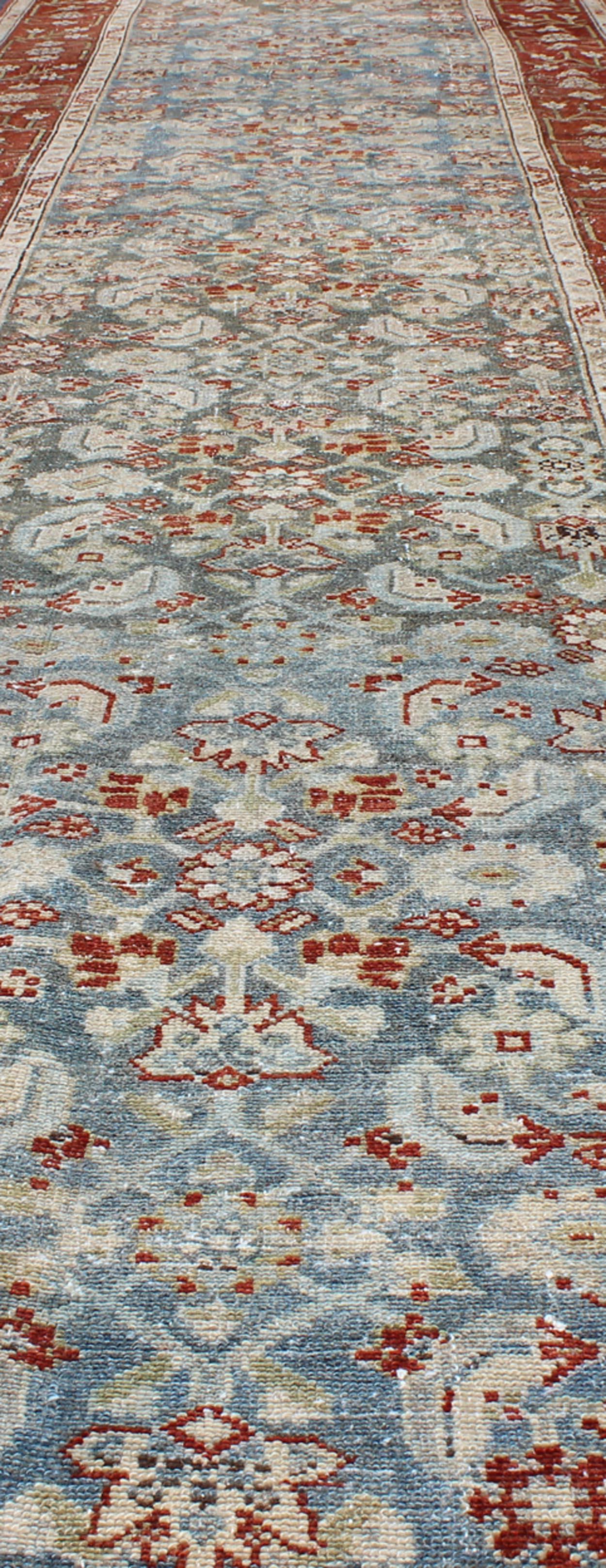 Long Runner in Blue and Red Antique Persian Malayer with All-Over Floral Design For Sale 5