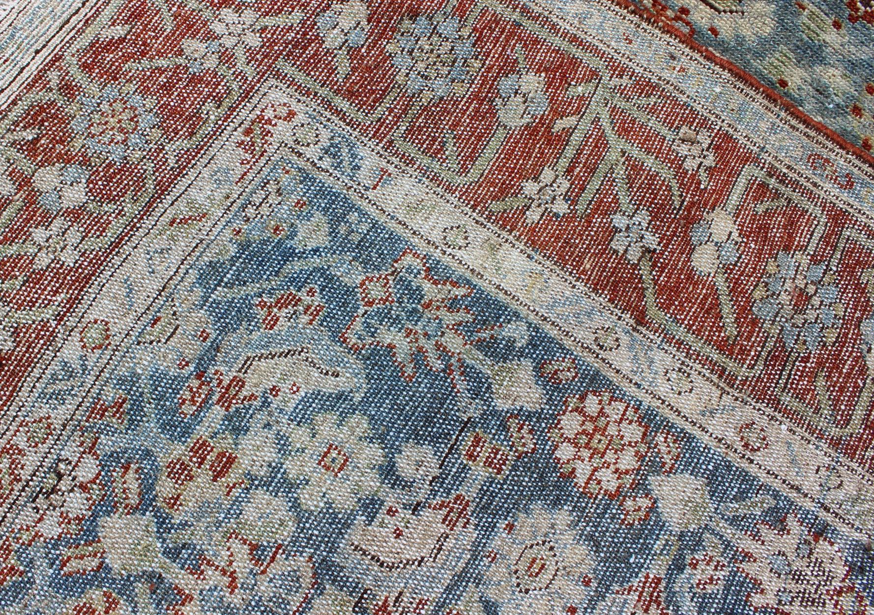 Long Runner in Blue and Red Antique Persian Malayer with All-Over Floral Design For Sale 6